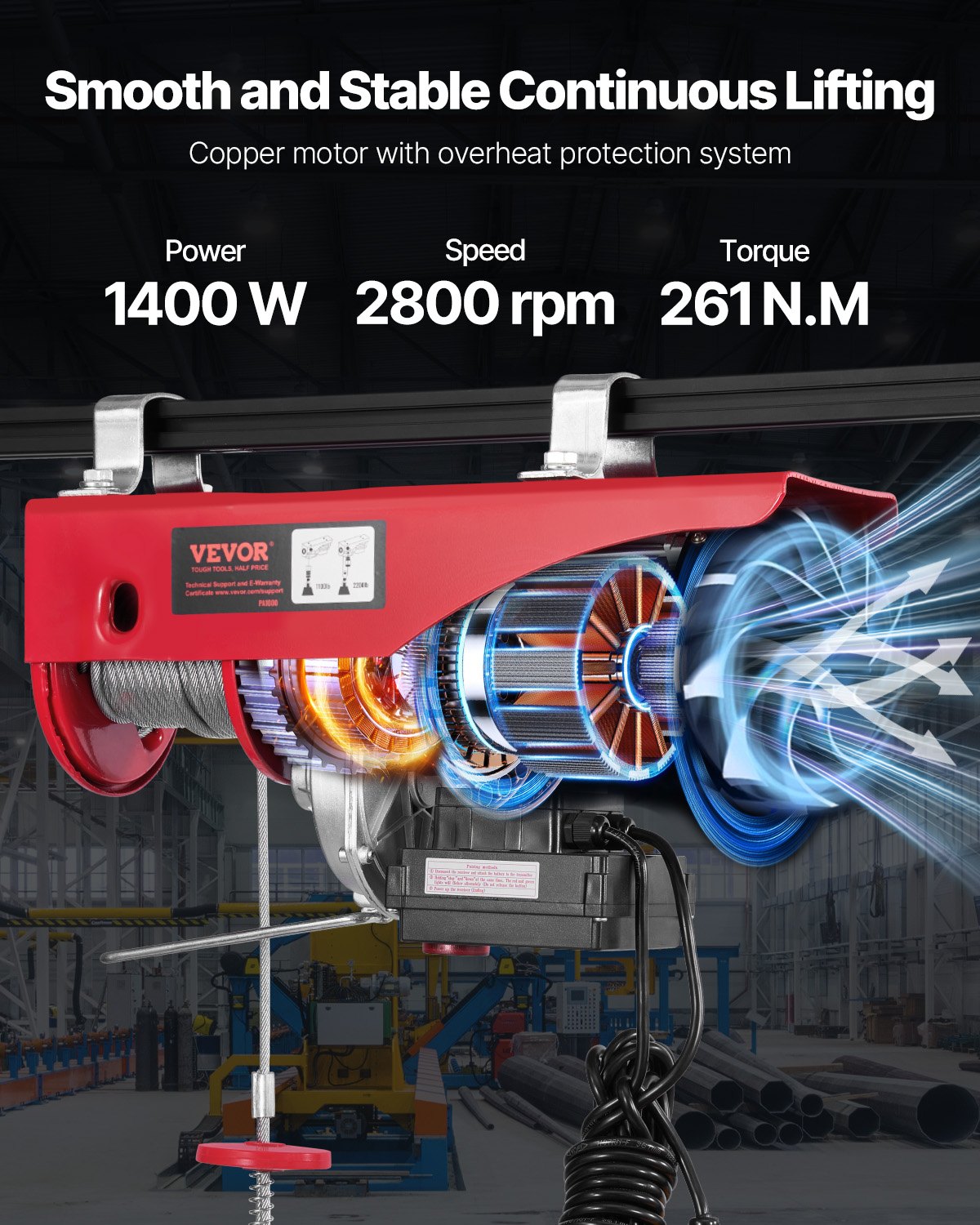 Electric Hoist Crane Winch 2200 Lbs 328 Ft Wireless & Wired Remote - Garden Tools