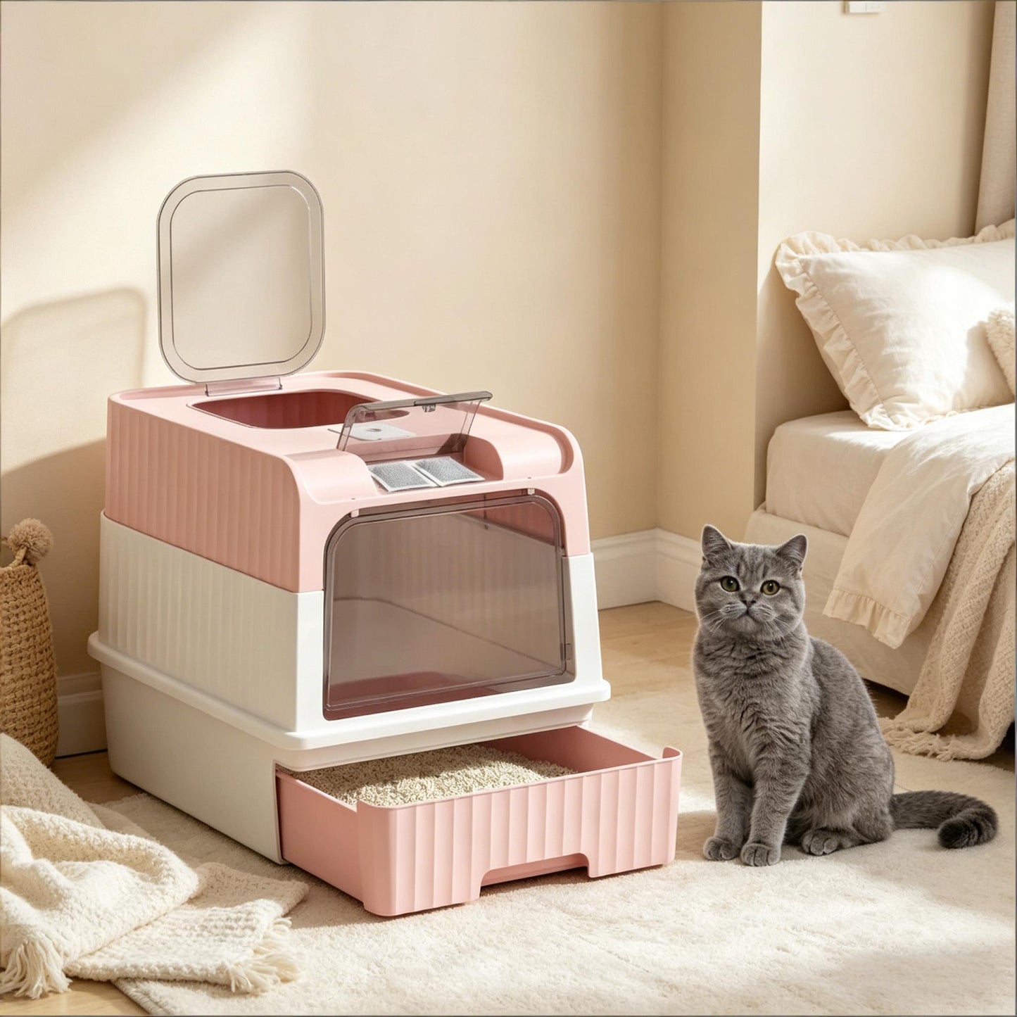 Compact Fully Enclosed Cat Litter Box - Pink & White