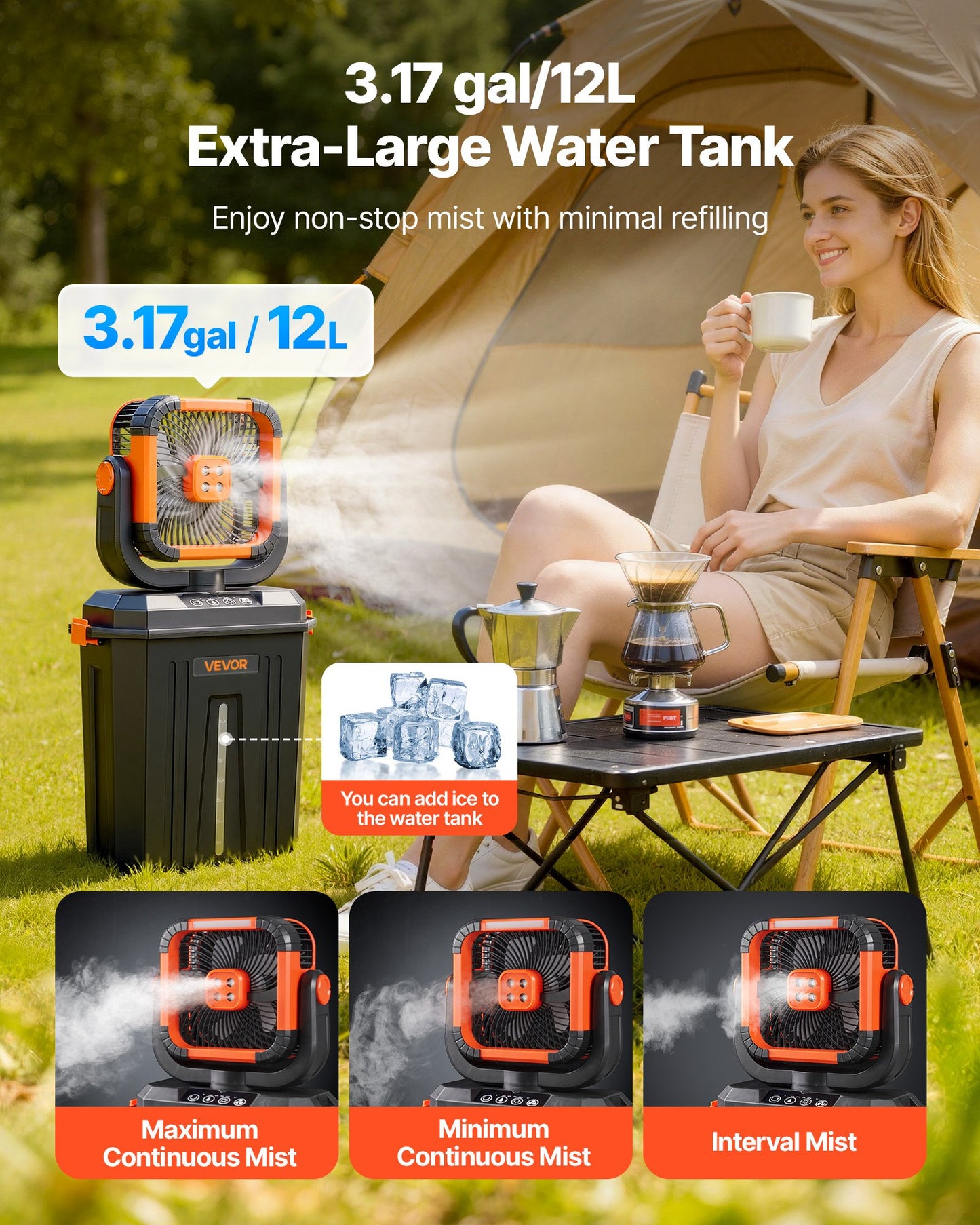 Portable Water Misting Fan with 3.17 Gal Water Tank, 20,000mAh Battery & 4 Speeds