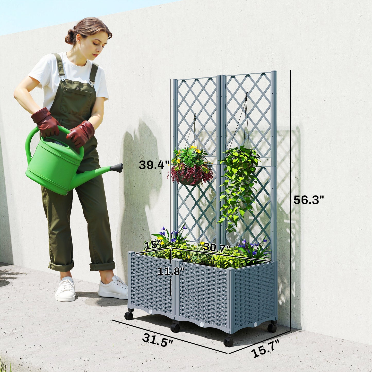 Self Watering Raised Garden Bed with Trellis and Lockable Wheels - Gray, 510x610x210 mm