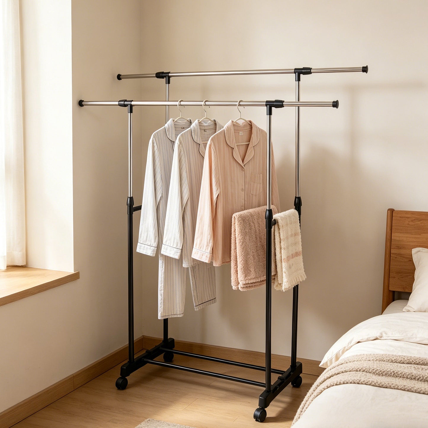 Adjustable Portable Rolling Garment Rack with Lockable Wheels