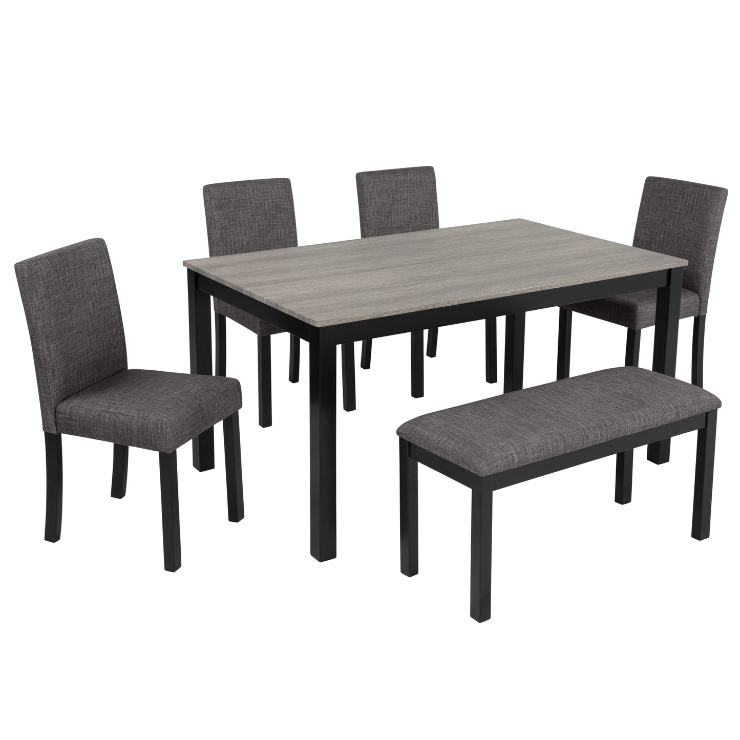 6-Piece Wooden Dining Table Set with Bench & Chairs - Light Grey & Black