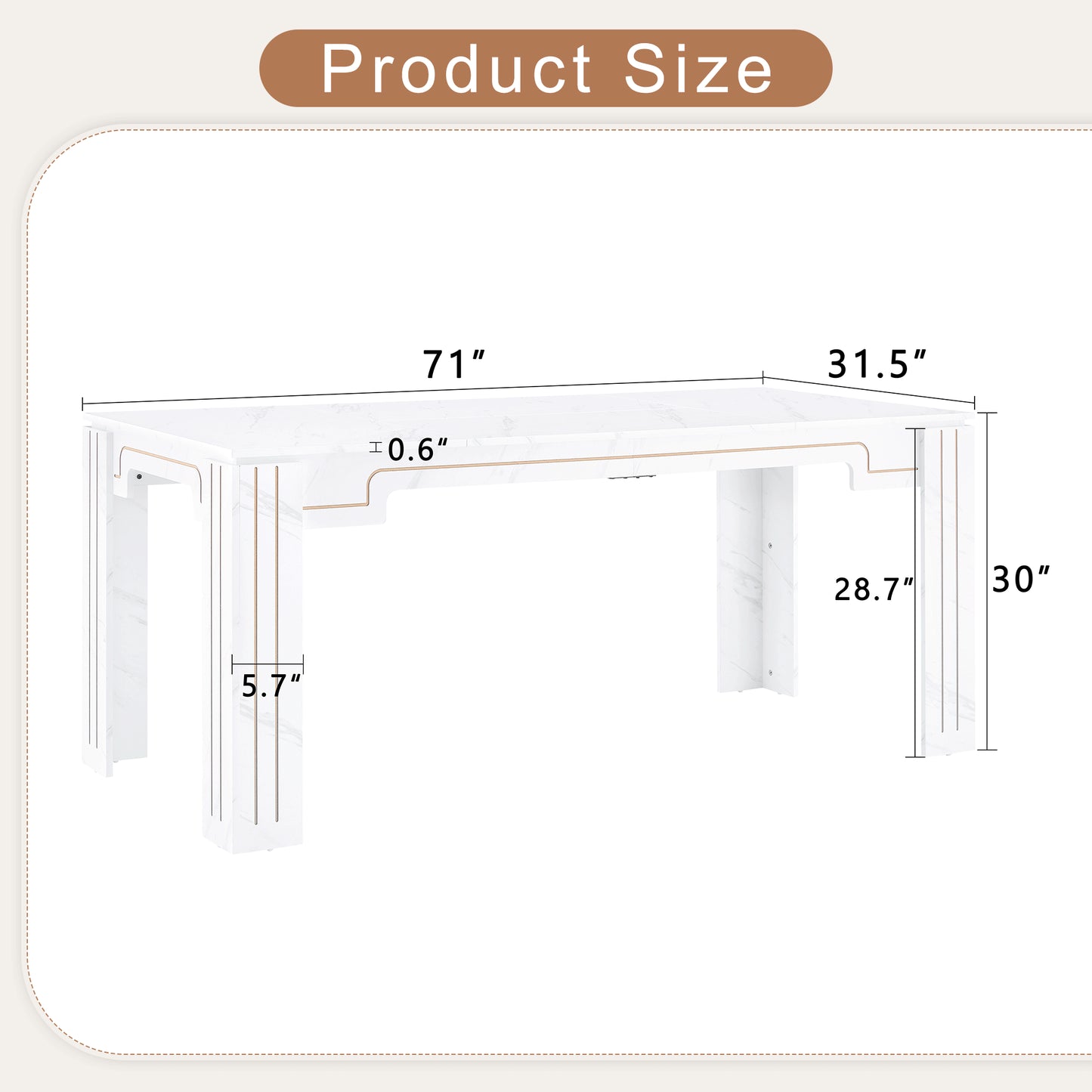 71 X 31.5 Inch White Marble Patterned MDF Spliced Tabletop Dining