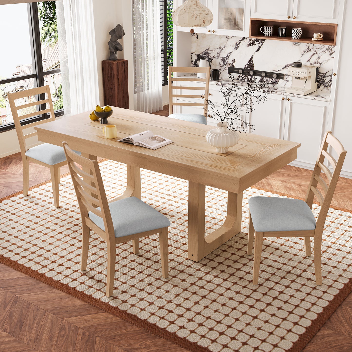 5-Piece Extendable Dining Table Set, Farmhouse With 18 Move Leaf, 78