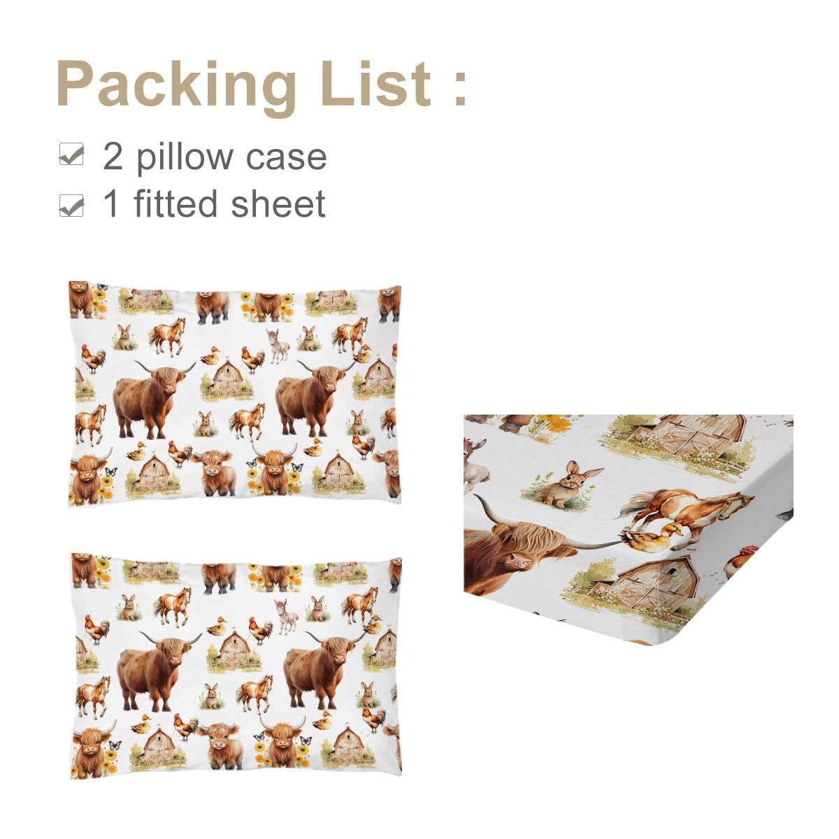 Children's Minimalist Bedding Set with Cow & Duck Design - 3pcs