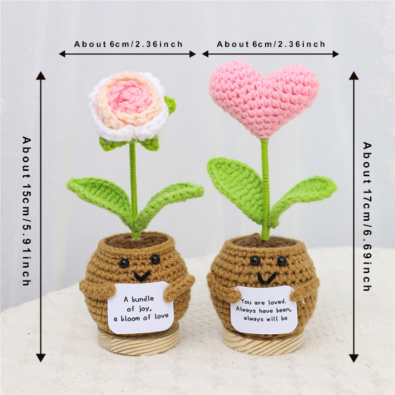 Mini Crochet Potted Flower Decor Assorted Rose & Heart with Inspirational Cards