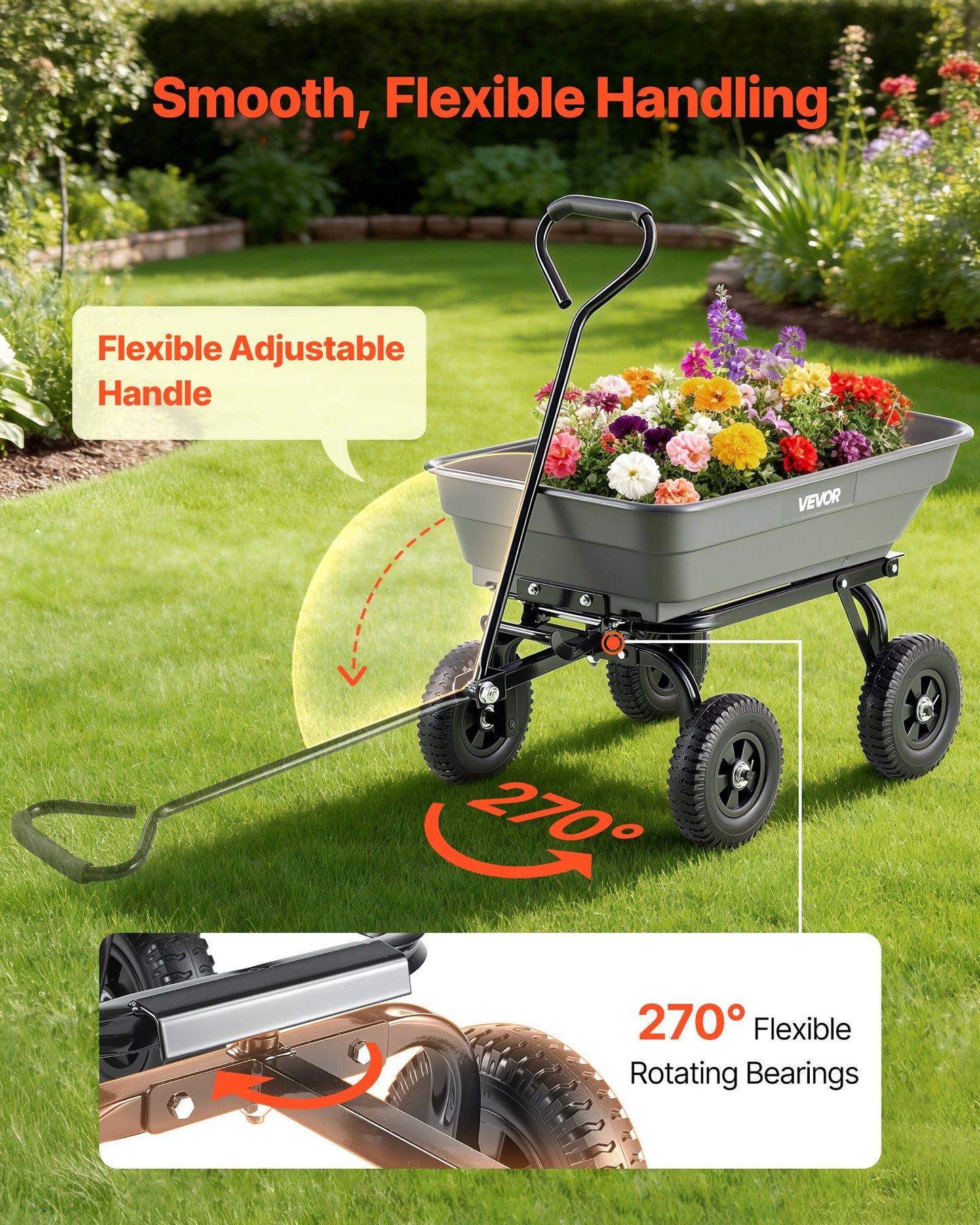 Garden Dump Cart 400 Lb Poly Yard Wagon with Quick-Dump & Swivel Wheels