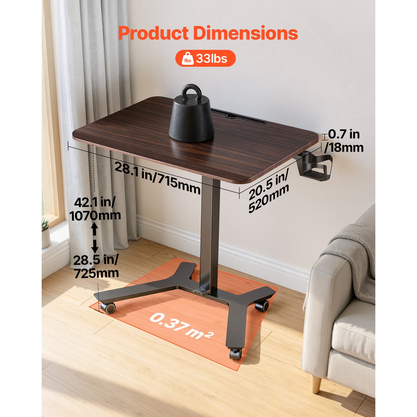 Adjustable Standing Desk with Casters - Mobile Sit-Stand Workstation, Foot Pedal Lift, 28x20.5 Inches, 33 Lbs Capacity