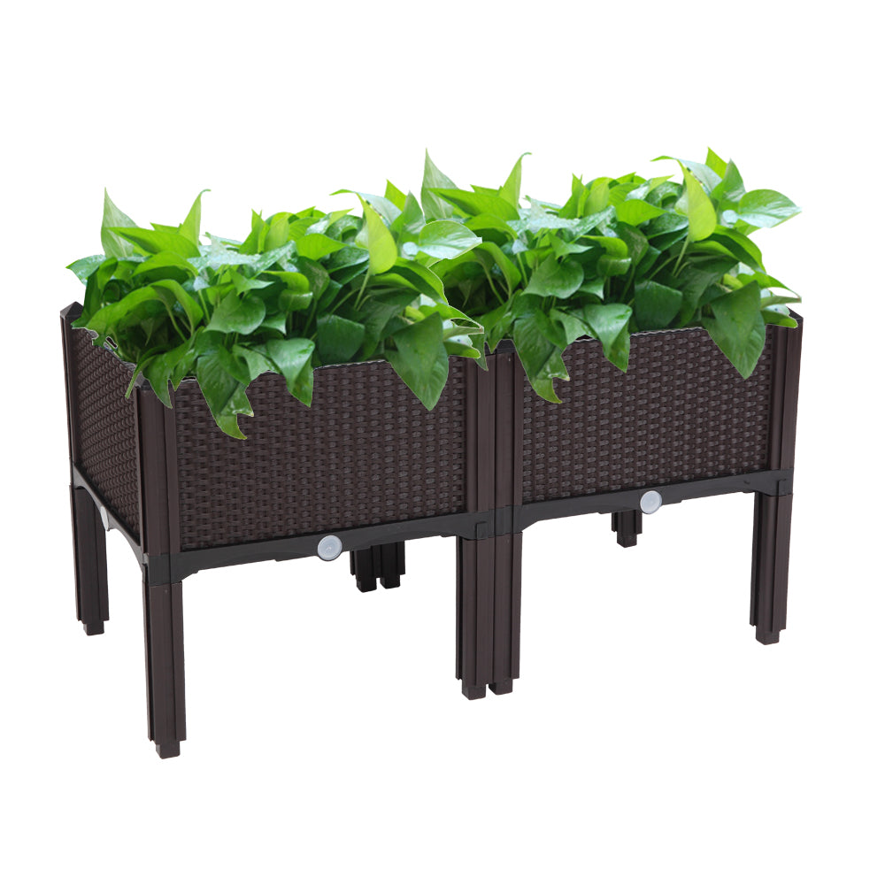 2PCS Brown Injection Molded Planting Box Garden Planter with Rattan Pattern