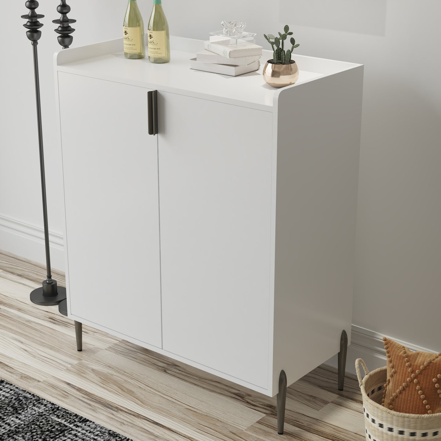 2 Doors Home Wine Bar Cabinet With Rack & Adjustable Storage Shelf,
