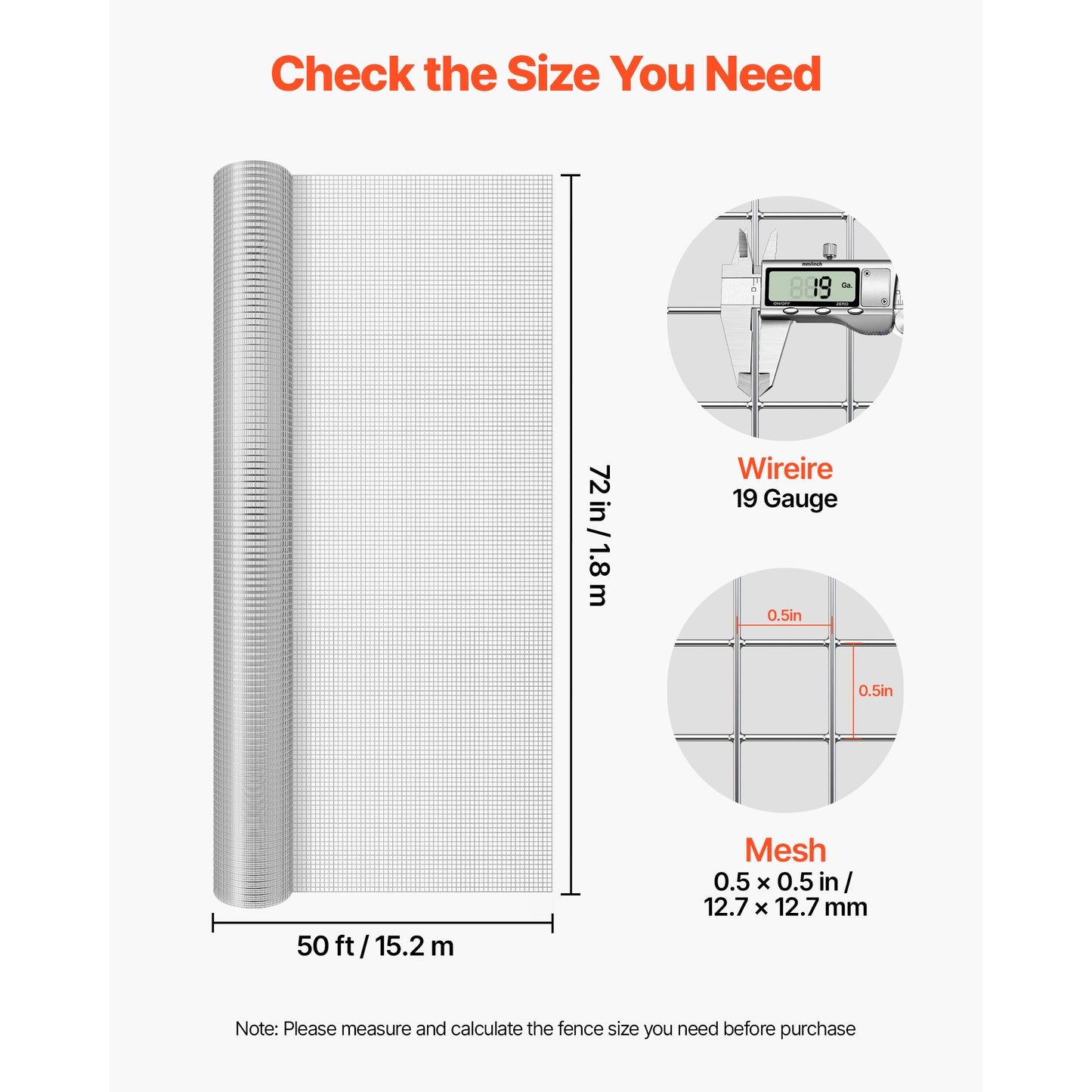 72Ft Galvanized Chicken Wire Fence Roll - 1/2 Inch Mesh Garden Fencing