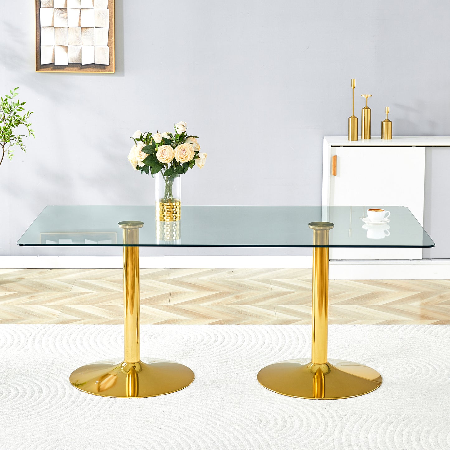 Modern Minimalist Glass Dining Table - 71x35.4 Inches, Gold Legs
