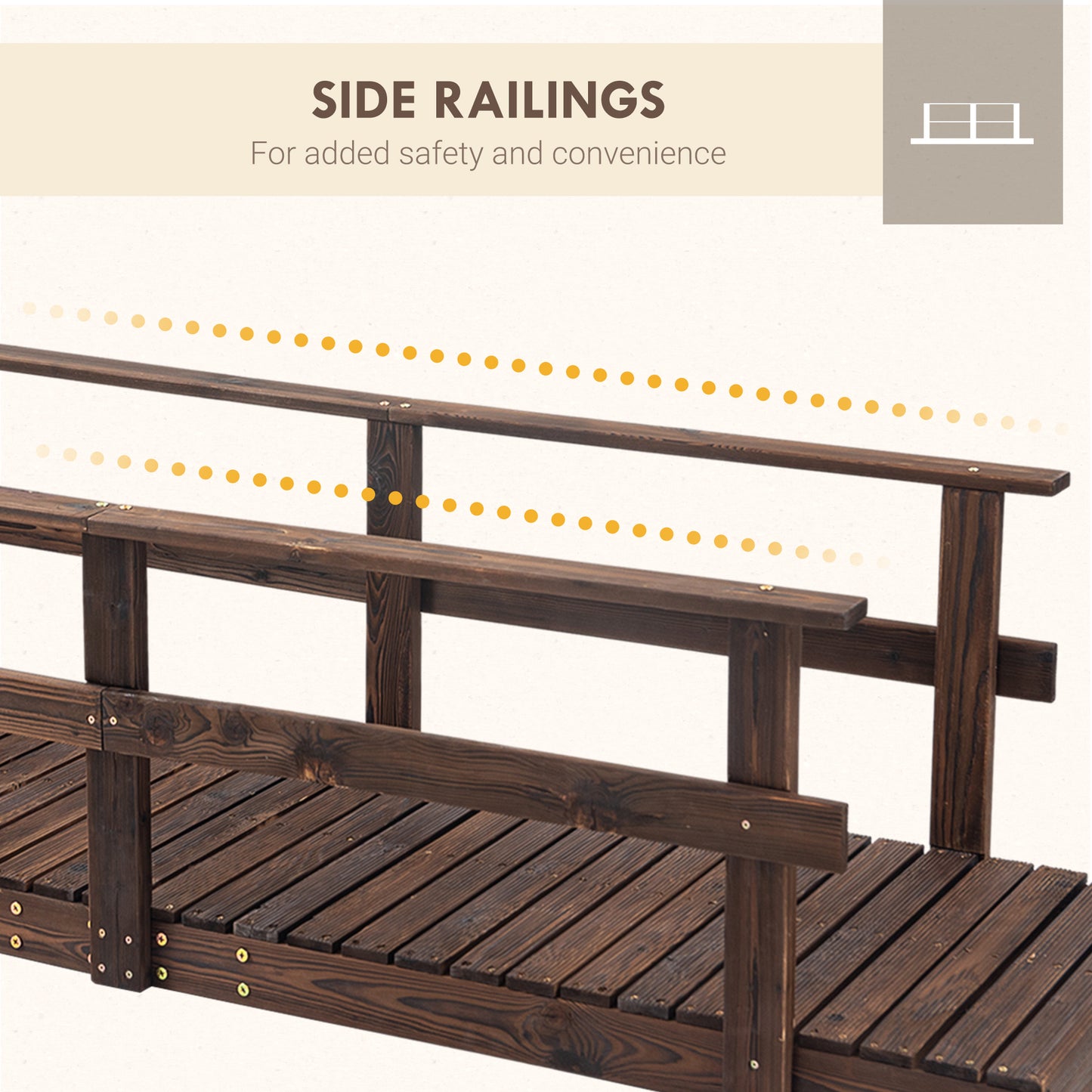 Wooden Garden Bridge with Safety Railings - Pine Stained Finish, 1160x700x125mm