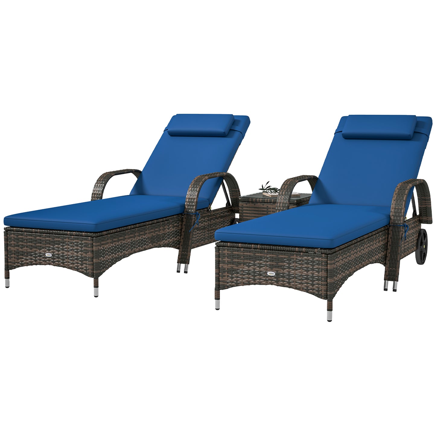 Blue Wicker Chaise Lounge Chair Set of 2 with Table & Cushions
