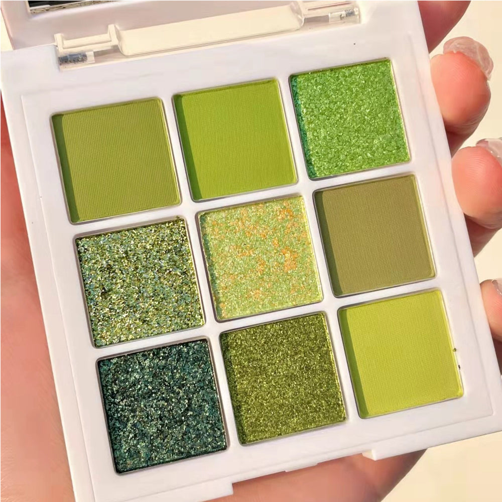 9-Color Green Eyeshadow Palette - Matte, Shimmer & Glitter Finish