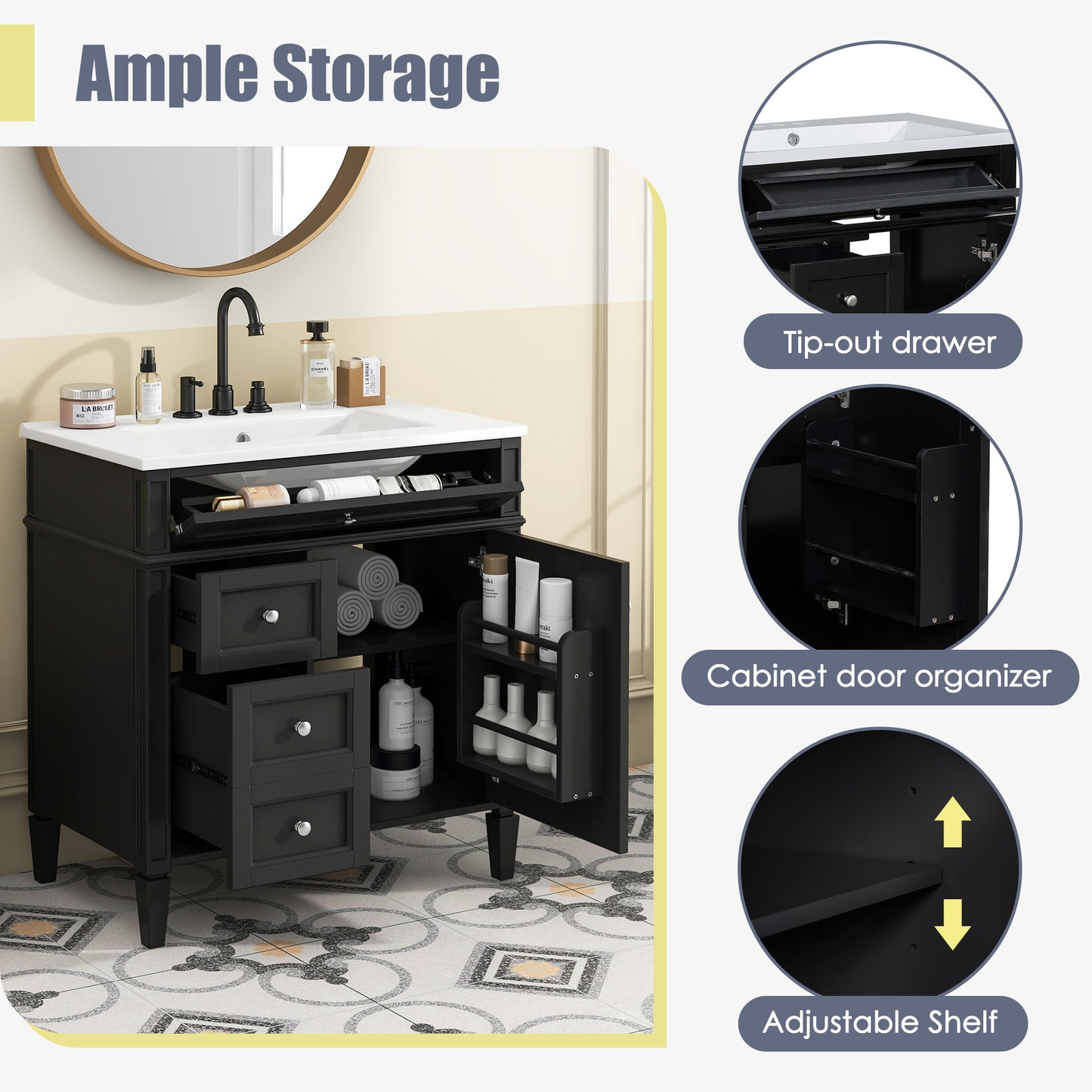 30'' Modern Bathroom Vanity with Ceramic Sink and Storage - Black