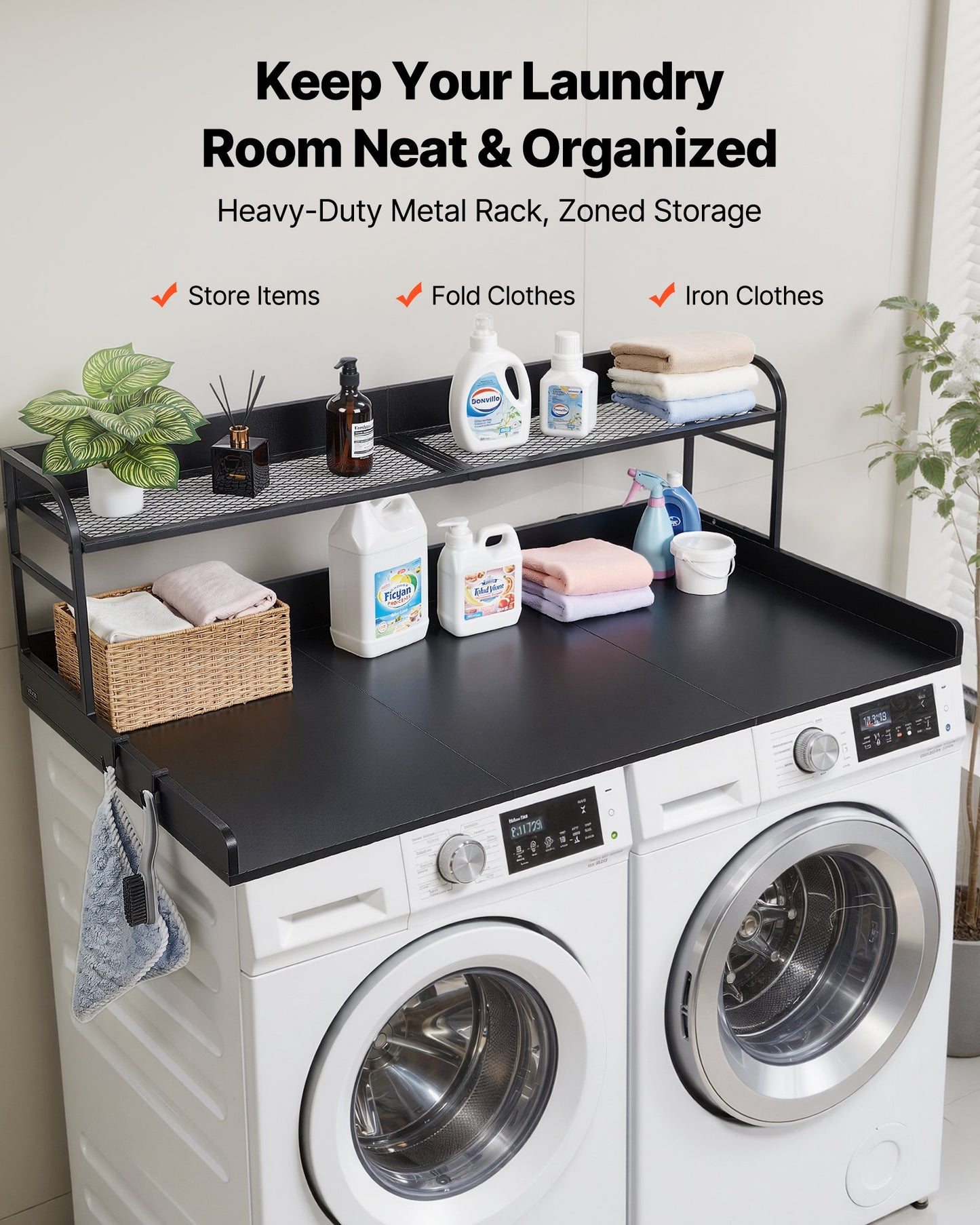 Wooden Washer Dryer Countertop with Shelf and Hooks - 54 x 27.5 in Laundry Storage