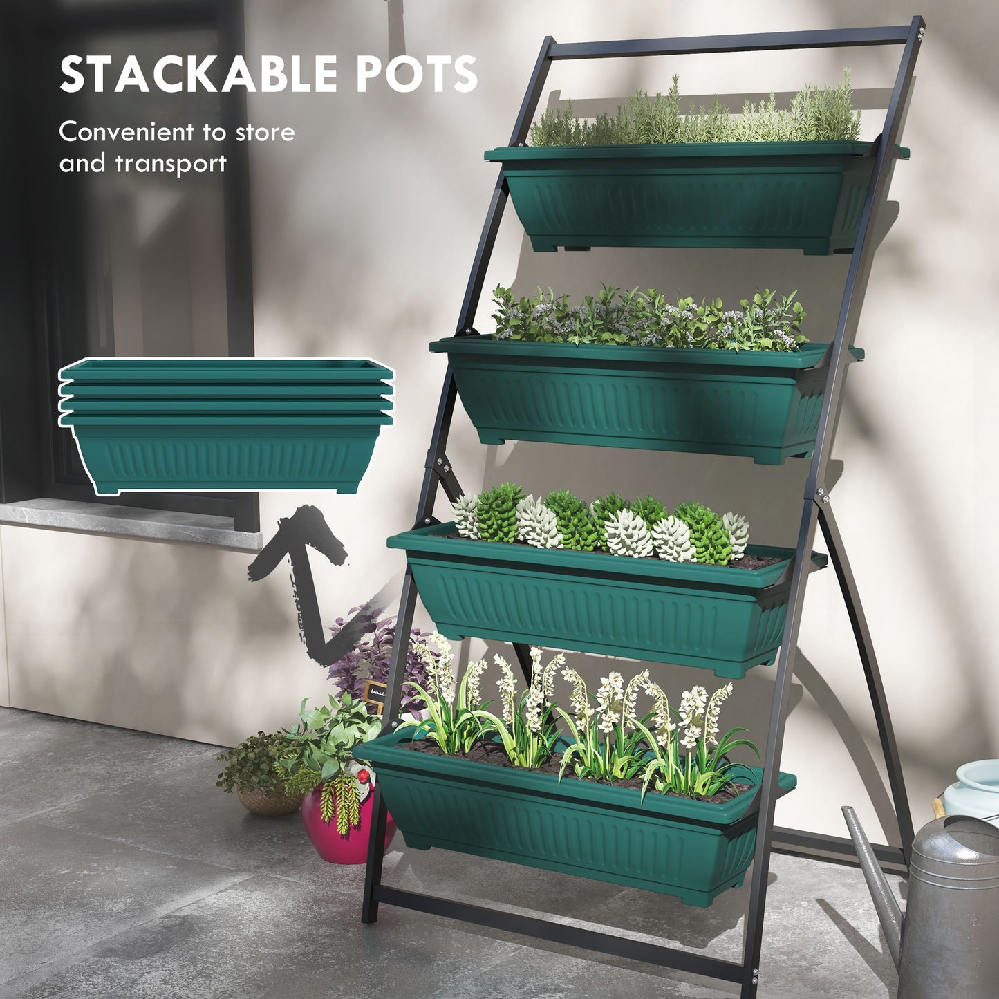 Vertical Garden Planter Stand with 4 Stacked Boxes for Outdoor & Indoor Use - Green