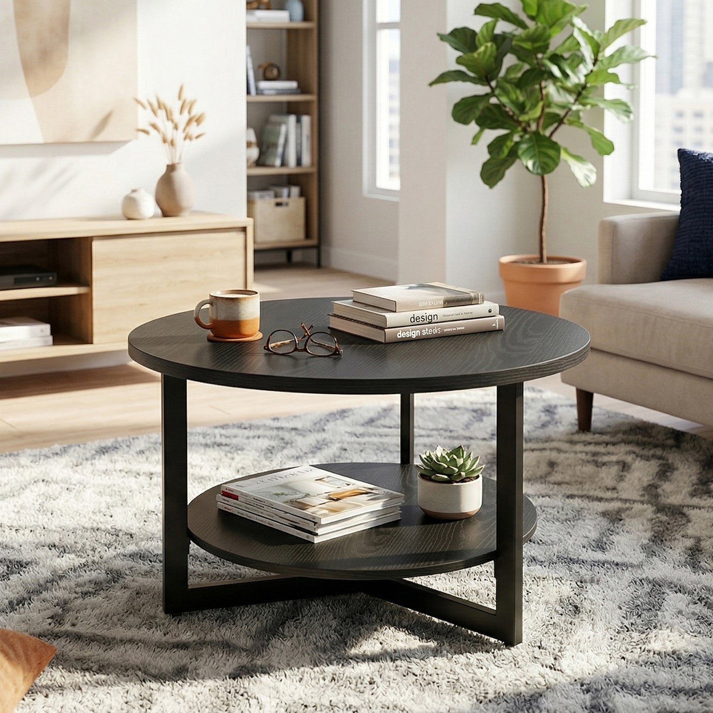 31.5-Inch Round Black Coffee Table - Industrial Modern Design
