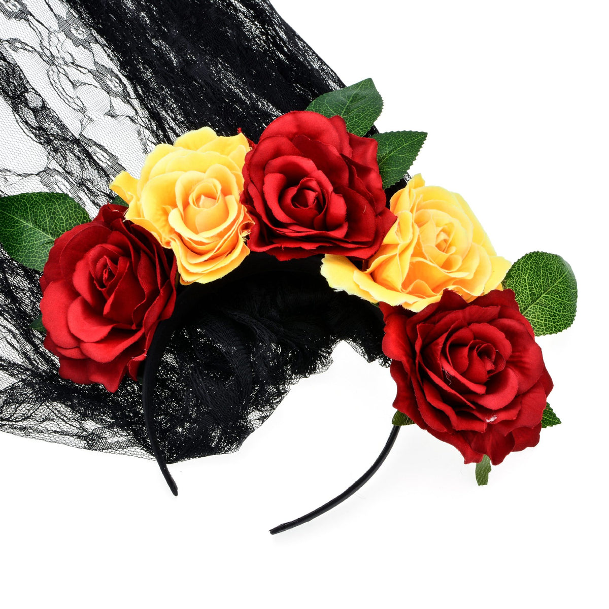 Artificial Rose Flower Headband with Lace Veil
