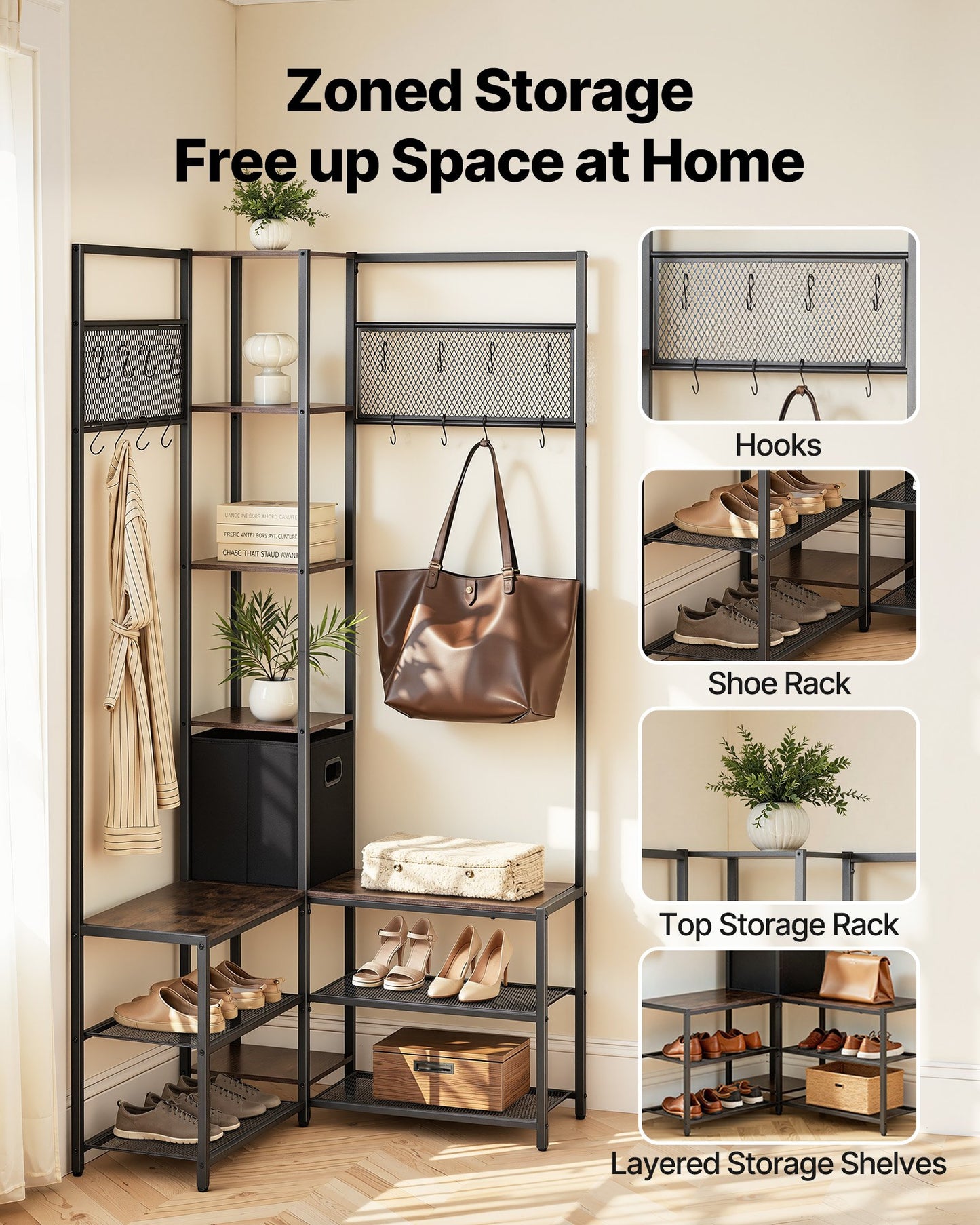 Corner Coat Rack with Shoe Bench and Hooks - Rustic Brown, 70.9 Inches