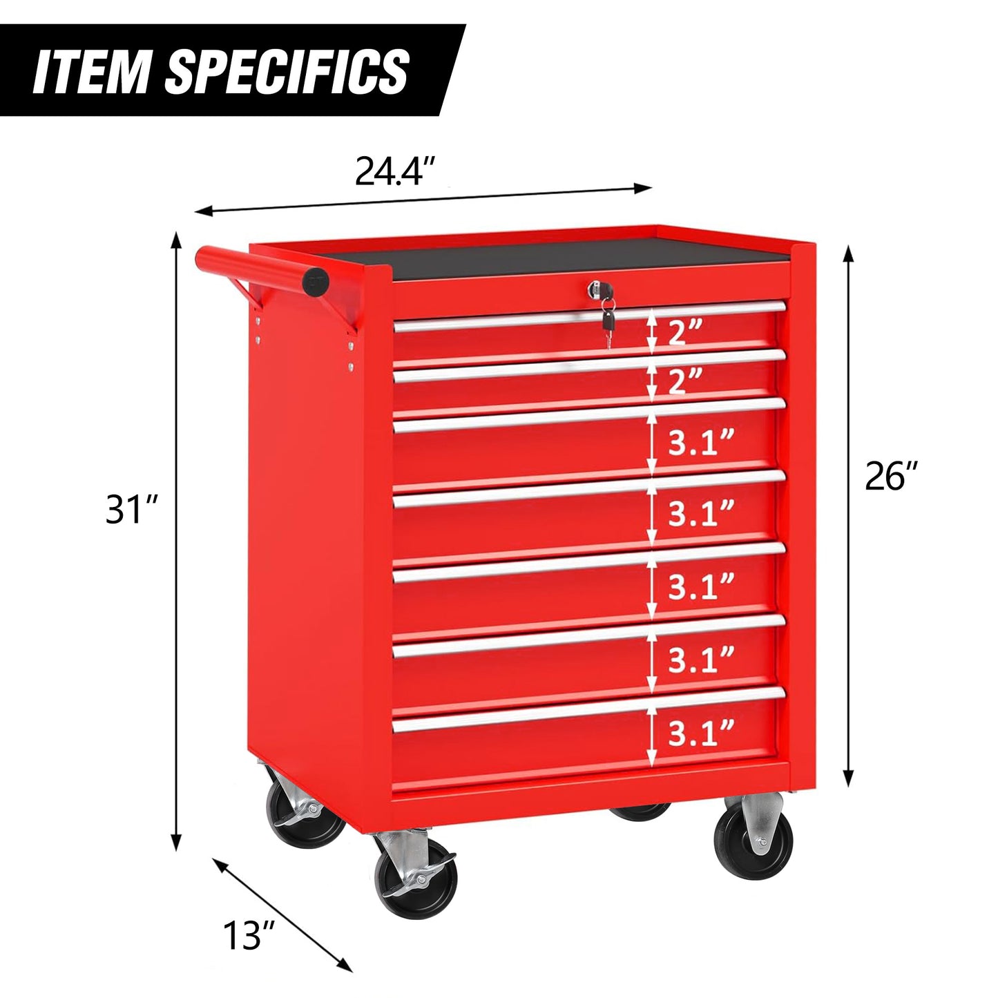 7-Drawer Rolling Tool Chest with Wheels - Red Tool Storage Cabinet