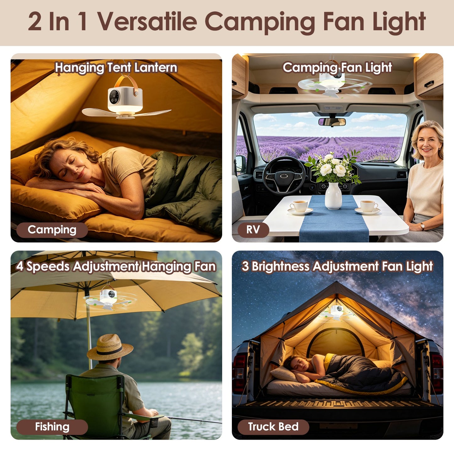 Rechargeable Tent Ceiling Fan with Light and Remote Control - 7200mAh Portable Camping Fan