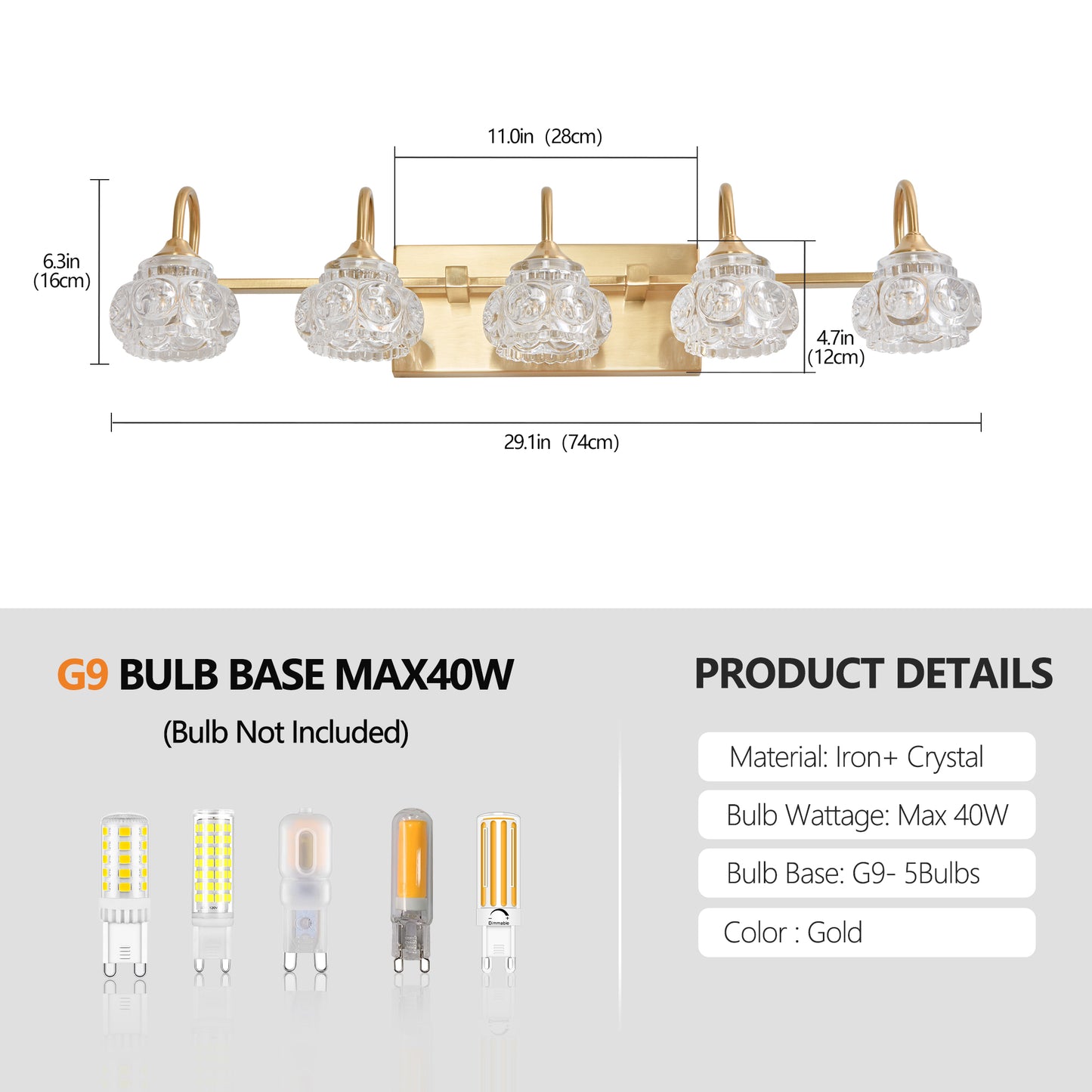 Modern 5-Light Gold Crystal Bathroom Vanity Light Fixture
