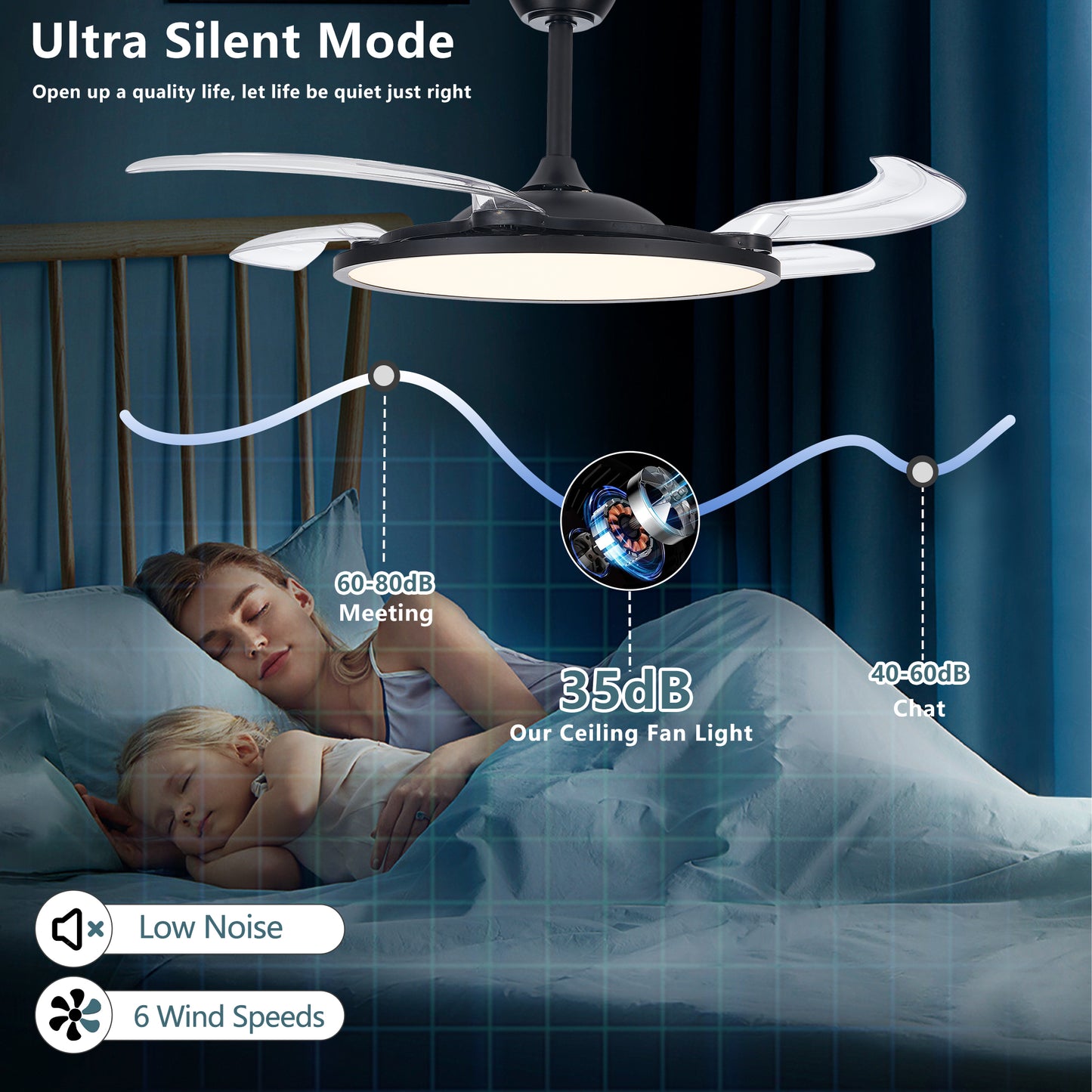 42-Inch Retractable Ceiling Fan with Light & Remote - Black
