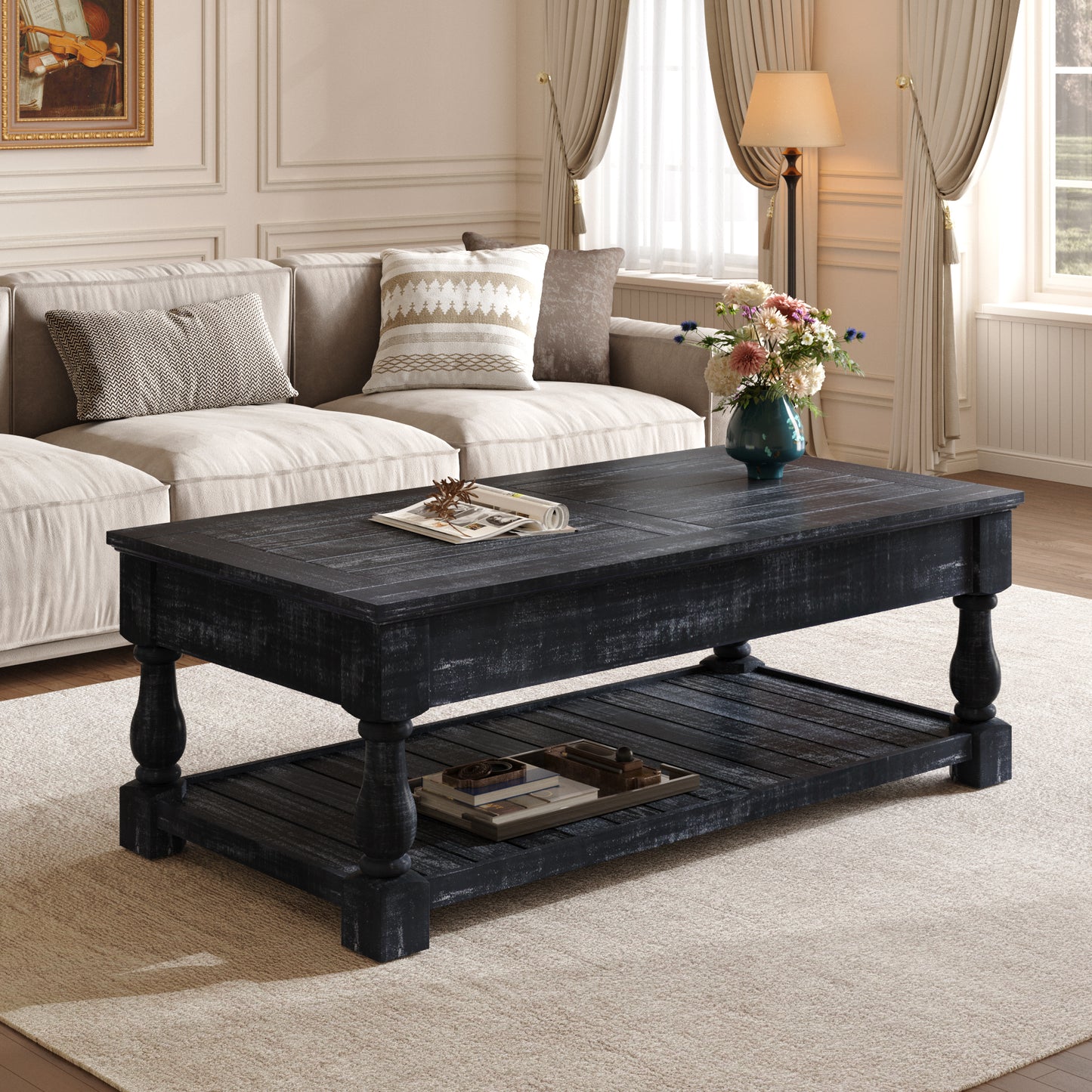 Farmhouse Lift Top Coffee Table with Storage Trays - Antique Black