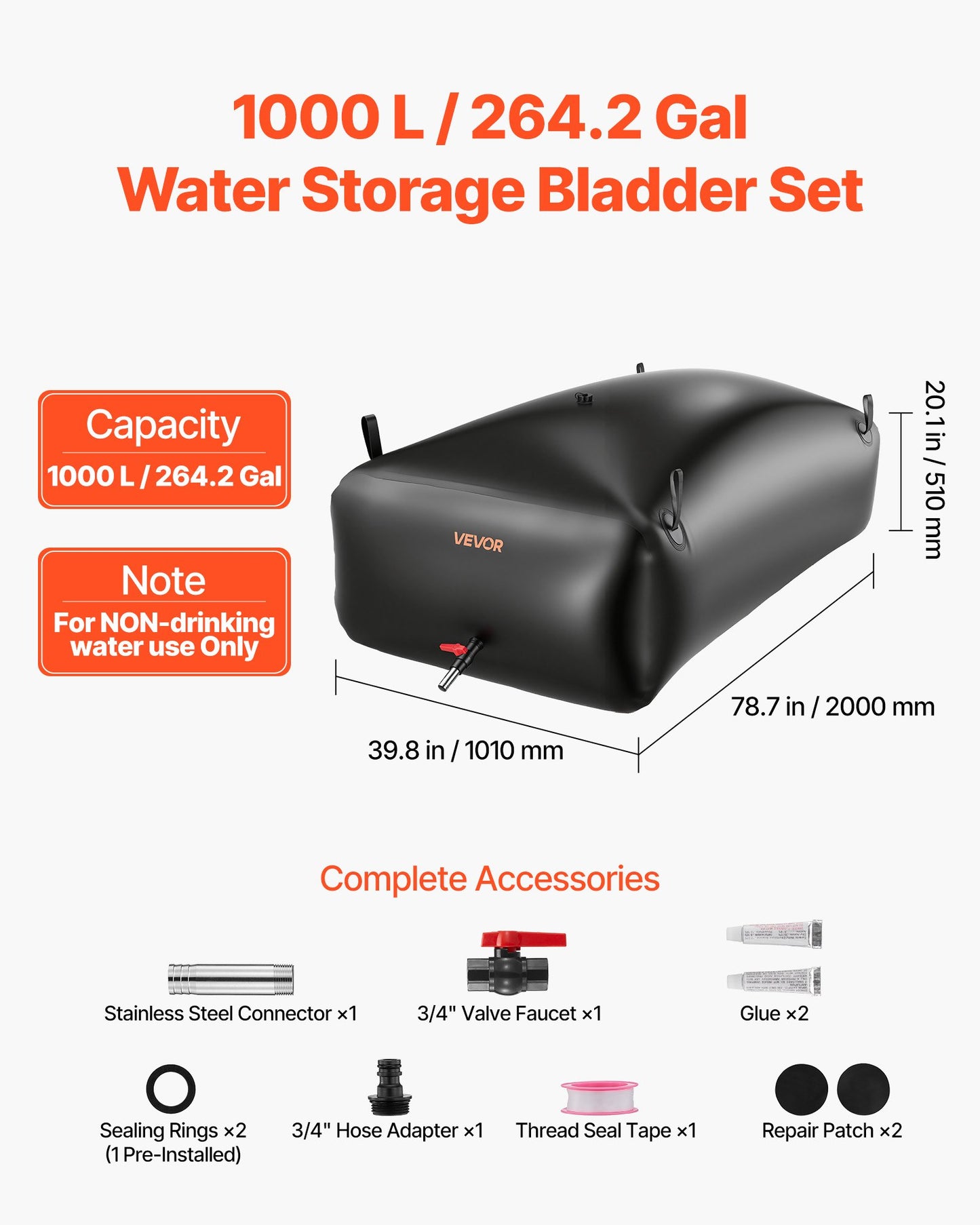 264.2 Gal Collapsible Water Storage Bladder Tank for Irrigation RV Emergency Use - Black