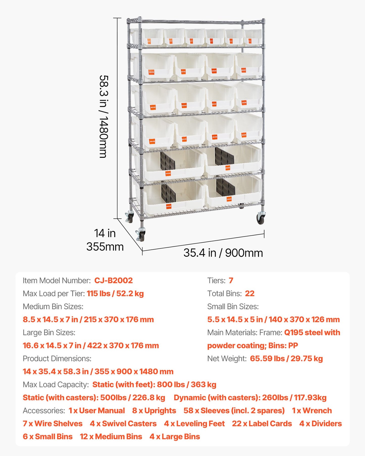 7-Tier Rolling Bin Storage Rack with 22 Bins - Mobile Steel Wire Shelving for Garage and Warehouse