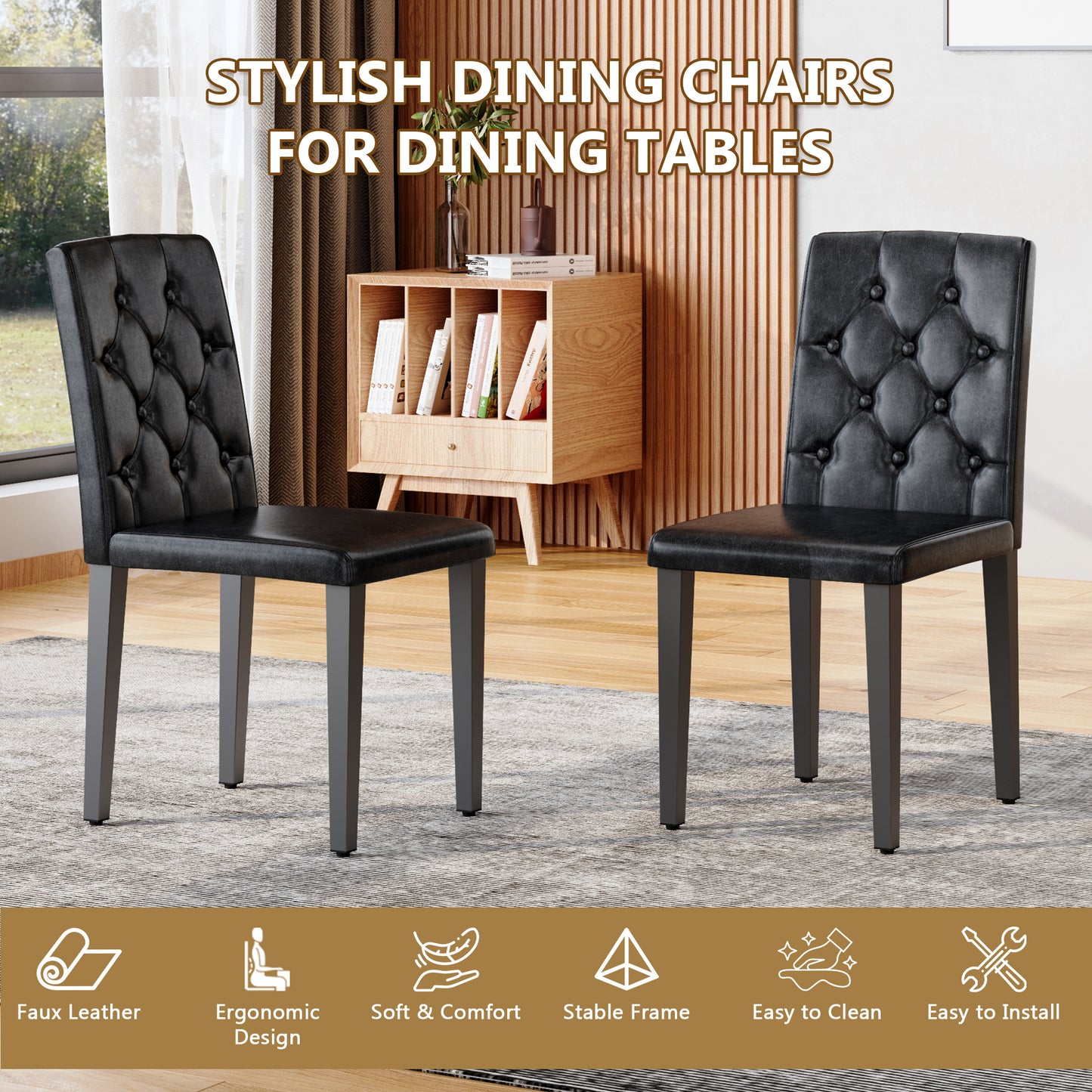 2-pack Black PU Dining Chairs,Ergonomic Buckle Backrest, 35 Inches