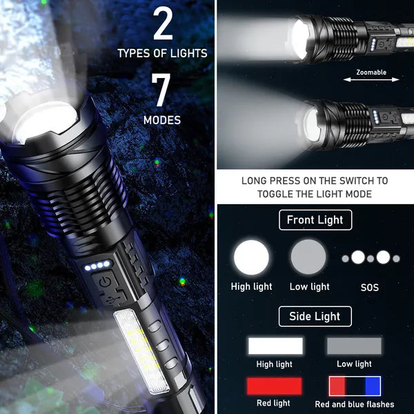 LED Tactical Flashlight - Waterproof, Rechargeable, 7 Modes