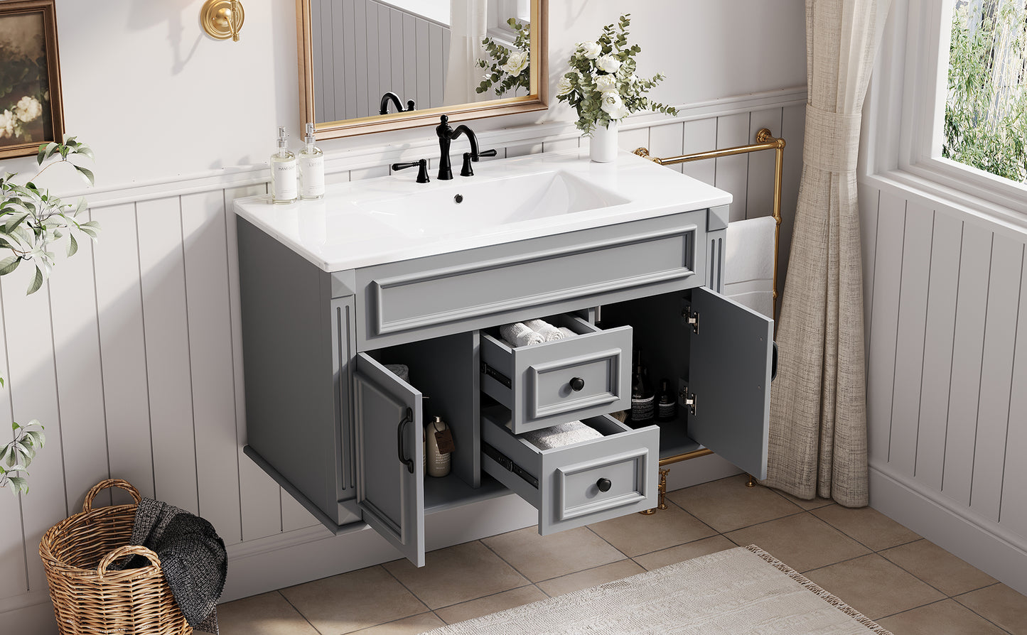 36-Inch Wall-Mounted Bathroom Vanity with Ceramic Sink - Gray