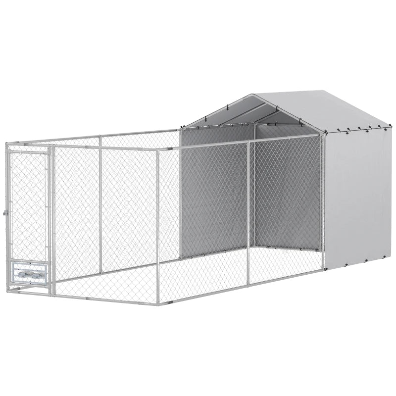 Large Outdoor Dog Kennel with Waterproof Cover, Galvanized Steel Frame, UV-Resistant Mesh, 19.7' x 7.5' x 7.5'