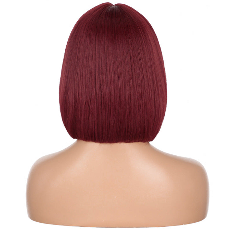 Women's Short Straight Hair Wigs with Bangs - Synthetic Fiber, Multiple Colors