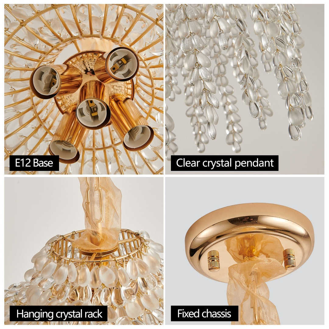 16 Inch Crystal Pendant Light Chandelier with Waterfall Design & Gold Finish