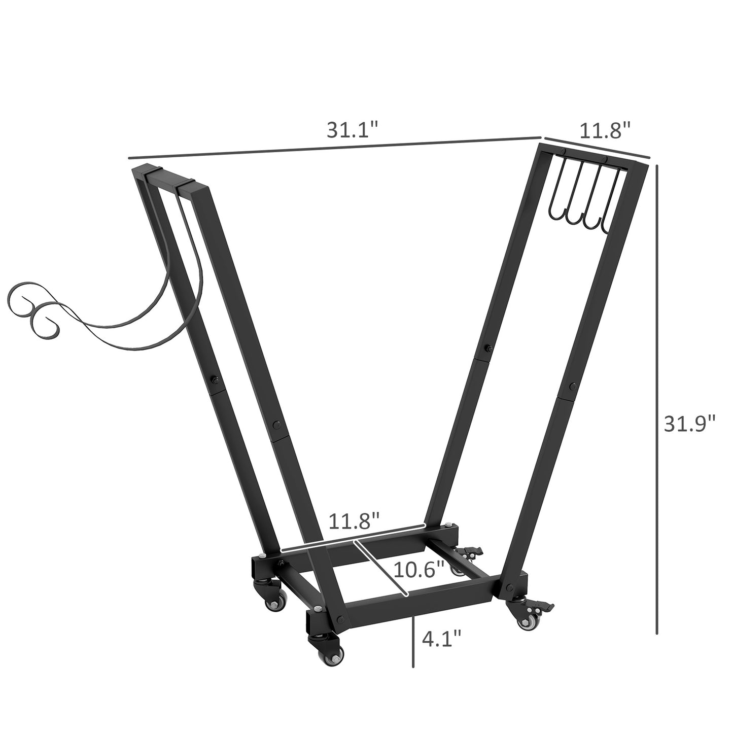 Firewood Rack with Wheels - Metal Log Holder with Kindling & Tool Hooks, Indoor/Outdoor, 31.1 x 11.8 x 31.9 Inches, Black
