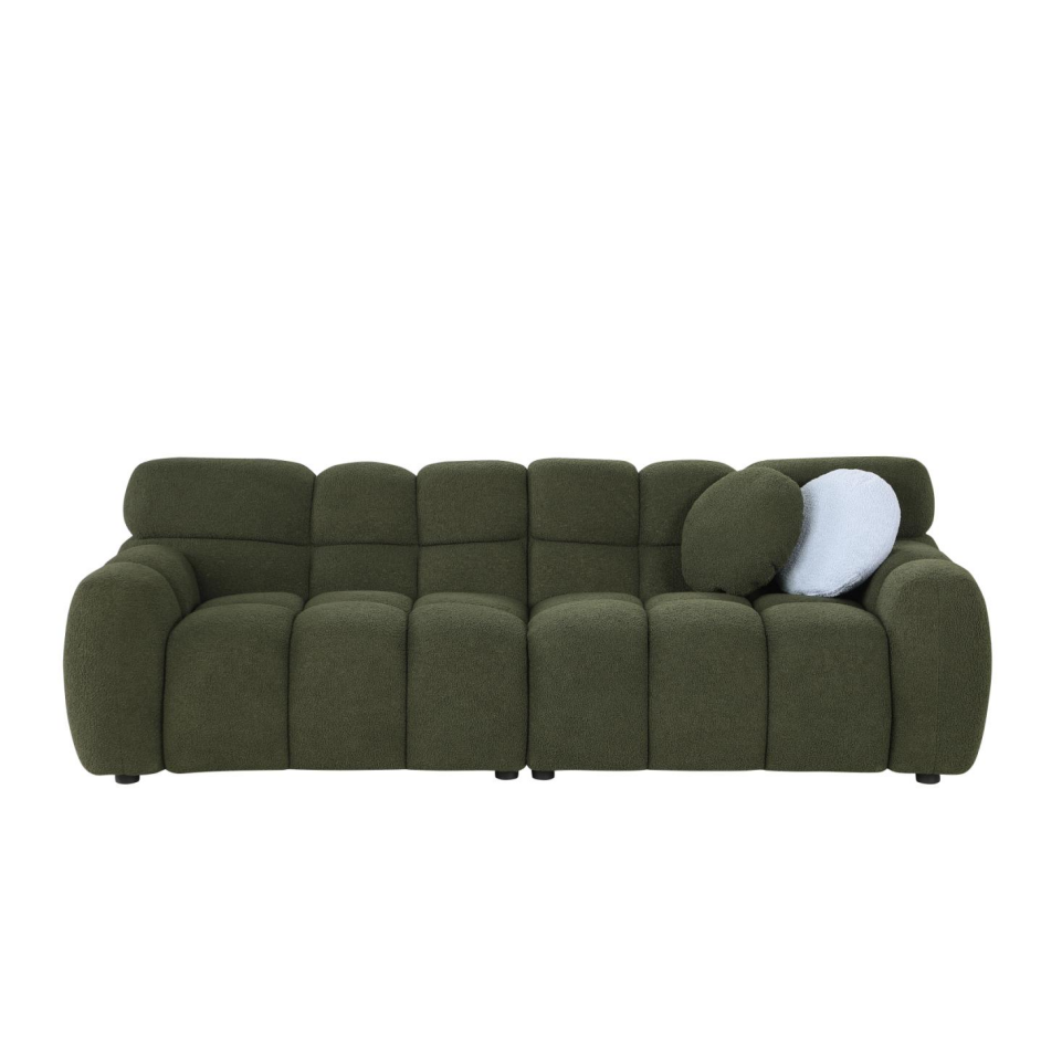 Olive Green Boucle Sofa - 3 Seater with Rolled Arms