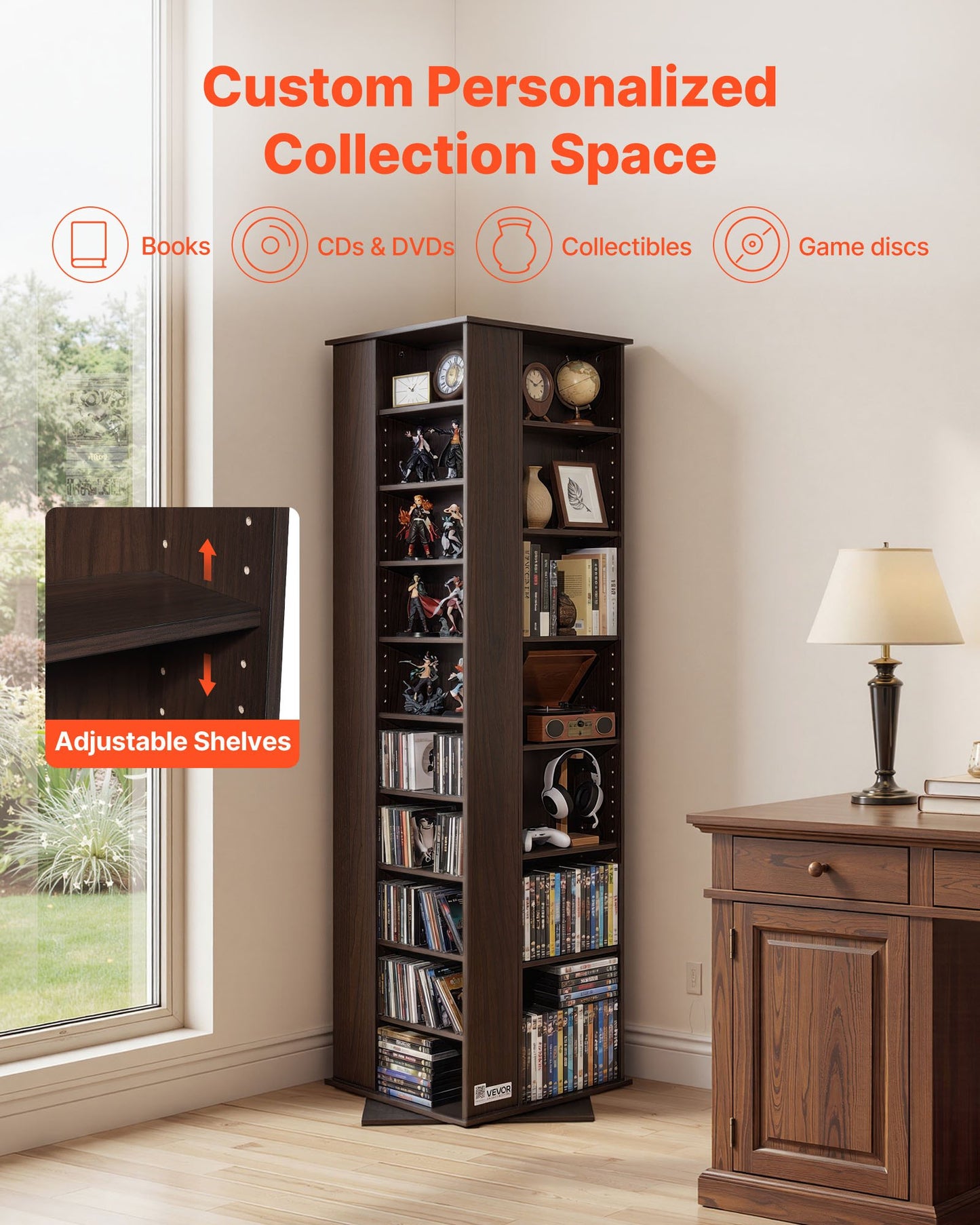 Rotating Media Storage Cabinet for CDs, DVDs, Books & Games - 34 Compartments, Adjustable Shelves, Black