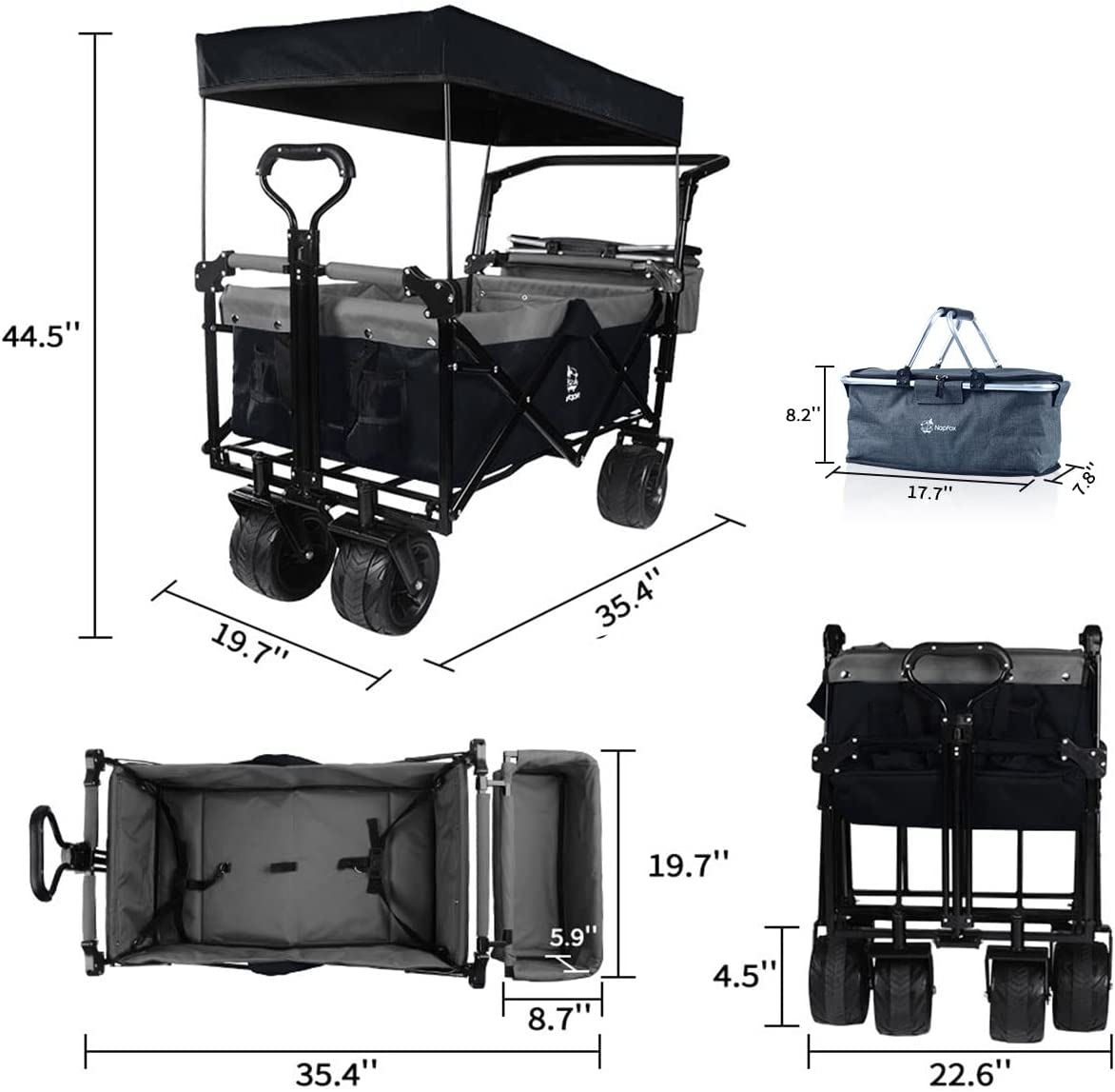 Collapsible Wagon with Canopy - 140L All-Terrain Folding Cart