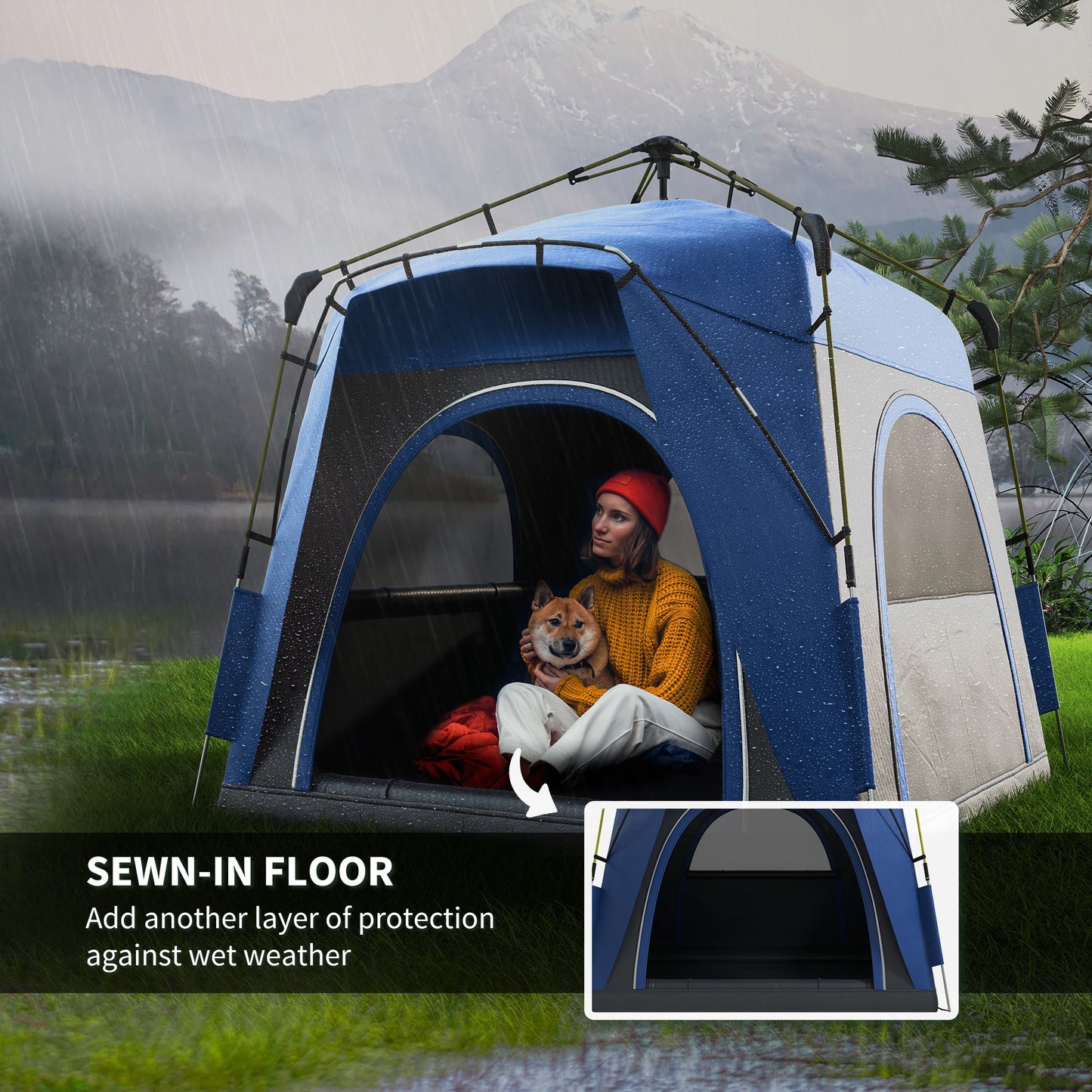 3-Person Pop-Up Camping Tent with Quick Setup & Windows - Blue