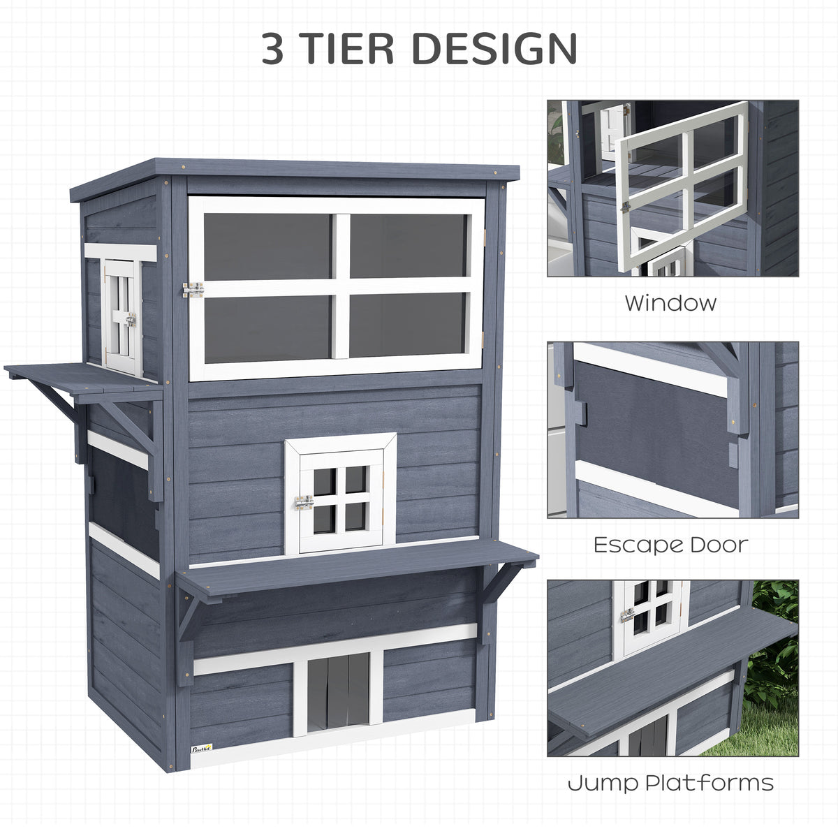 Outdoor 3-Tier Cat House Weather-Resistant Shelter with Escape Door - Dark Gray