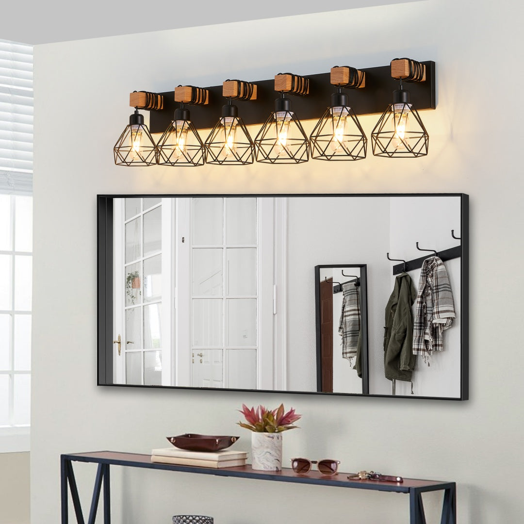 Modern 6-Light Vanity Light Fixture - Black Metal & Wood Accents