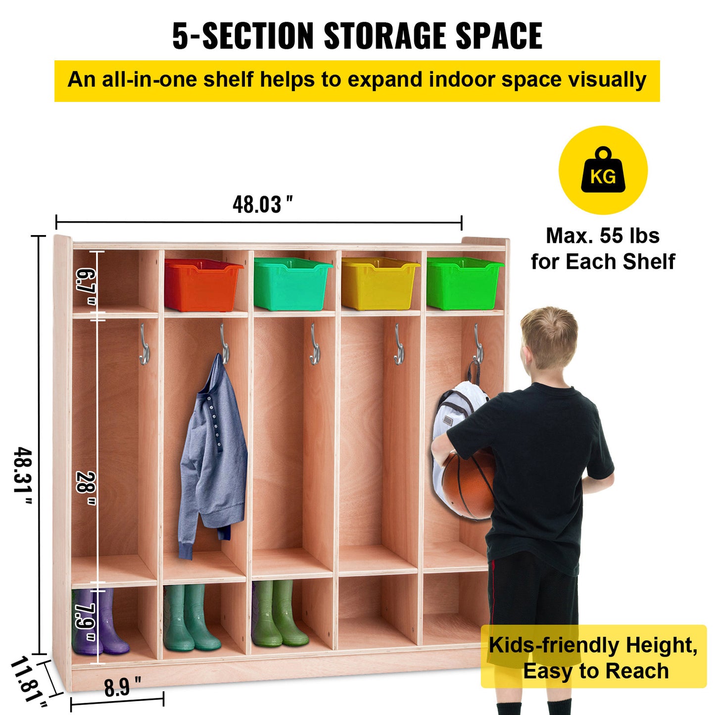 Coat Locker with 5 Hooks and Storage Boxes - 48x12x48 Inch Classroom Cubby for Kindergarten & School