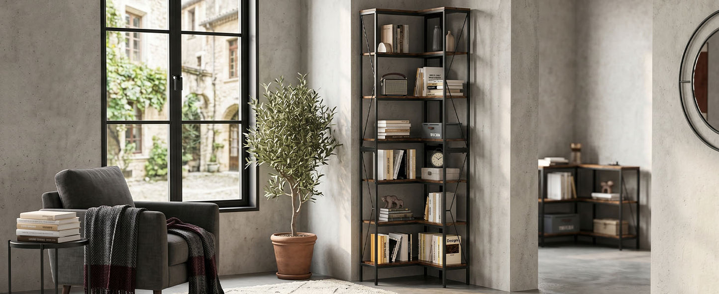 7-Tier Industrial Corner Bookshelf - Open Display Rack