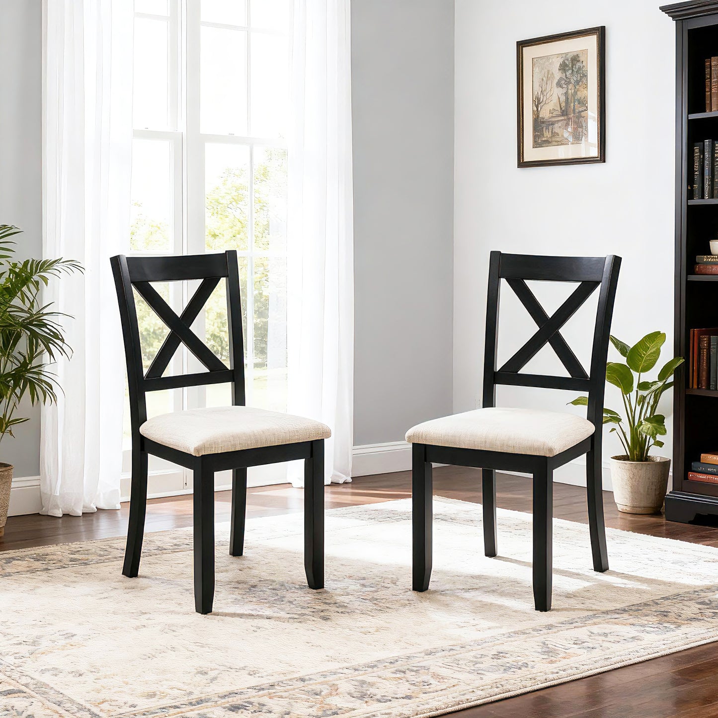 Wooden Dining Chairs Set of 4 with Padded Seat - Black & Beige