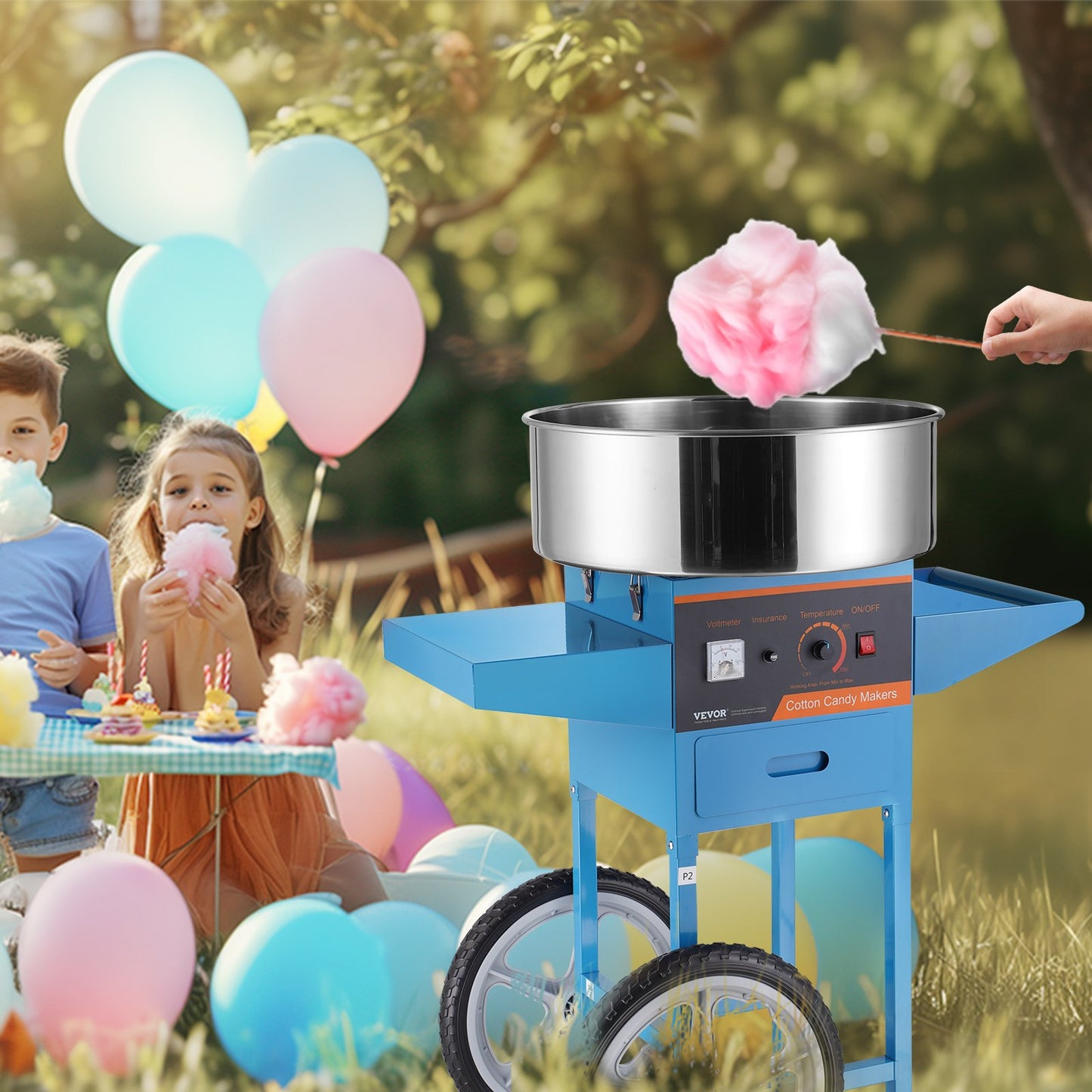 Electric Cotton Candy Machine with Cart - 1000W Commercial Candy Floss Maker, Stainless Steel Bowl, Blue