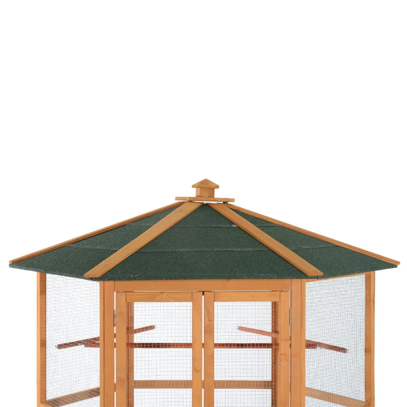 Wooden Hexagonal Outdoor Bird Cage with Covered Roof - Natural Brown